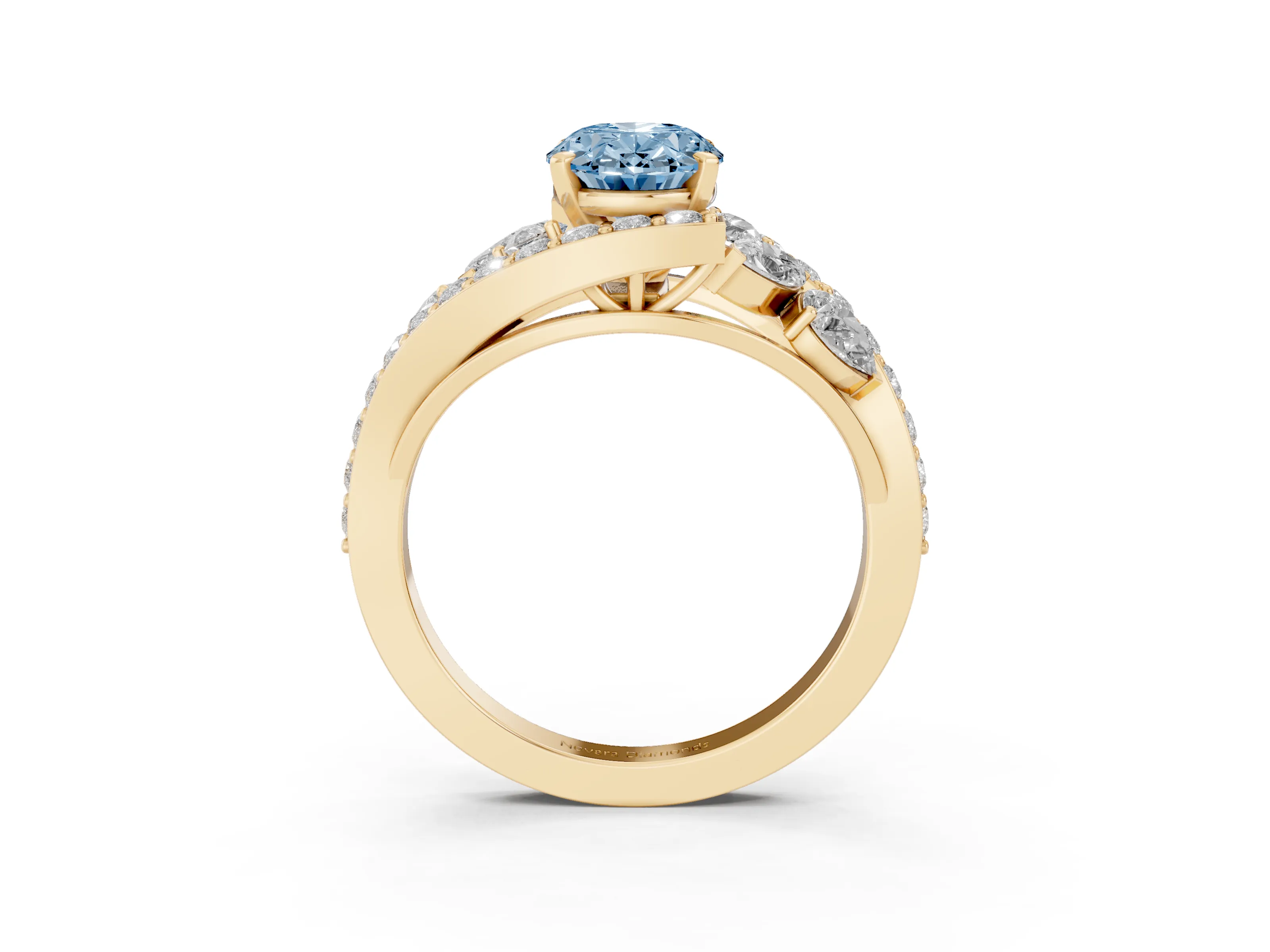 Fancy Blue Oval Cut Diamond Halo Ring Set in Yellow gold with Marquise and Pavé Band in Prong Setting