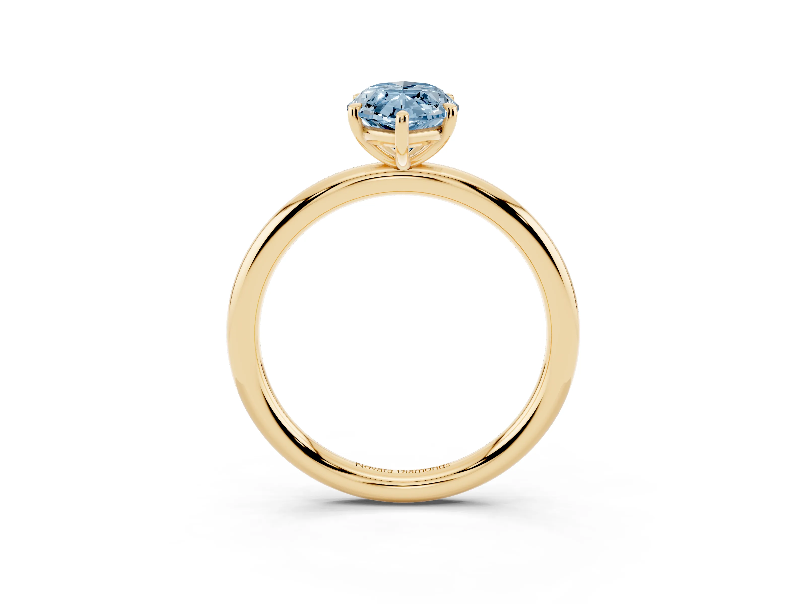 Fancy Blue Oval Cut Diamond Solitaire Ring Set in Yellow gold with Prong Setting on a Polished Plain Band
