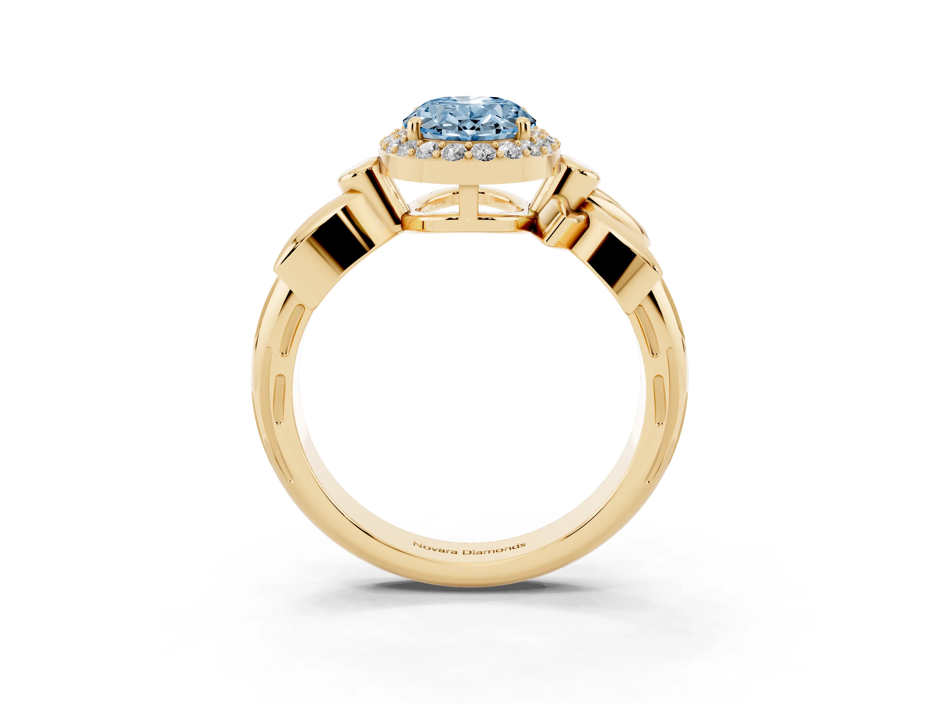 Fancy Blue Oval Cut Diamond Halo Floral Band Ring Set in Yellow gold with Prong Setting
