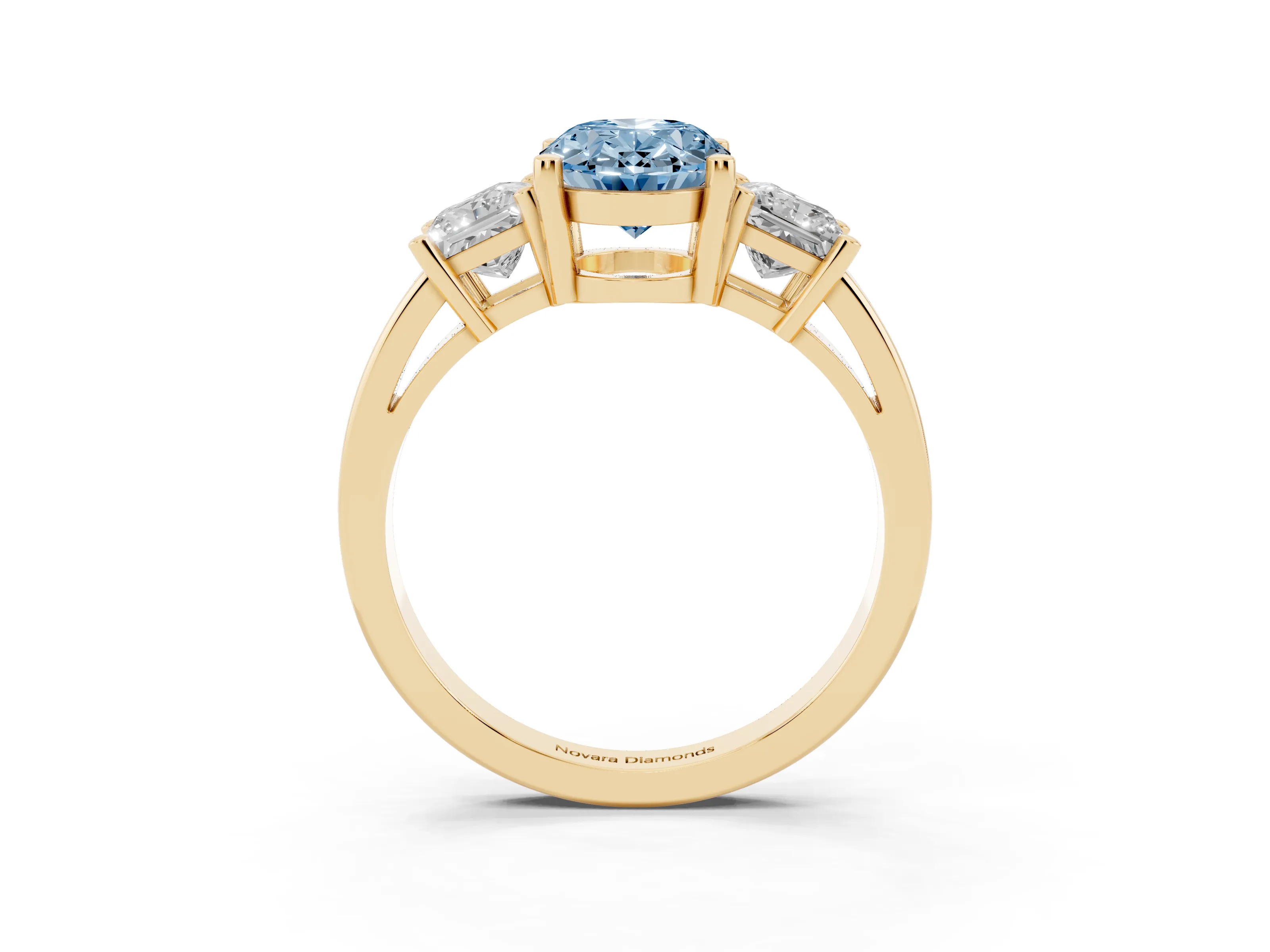 Fancy Blue Three-Stone Oval Cut Diamond Solitaire Ring Set in Yellow gold with Prong Setting
