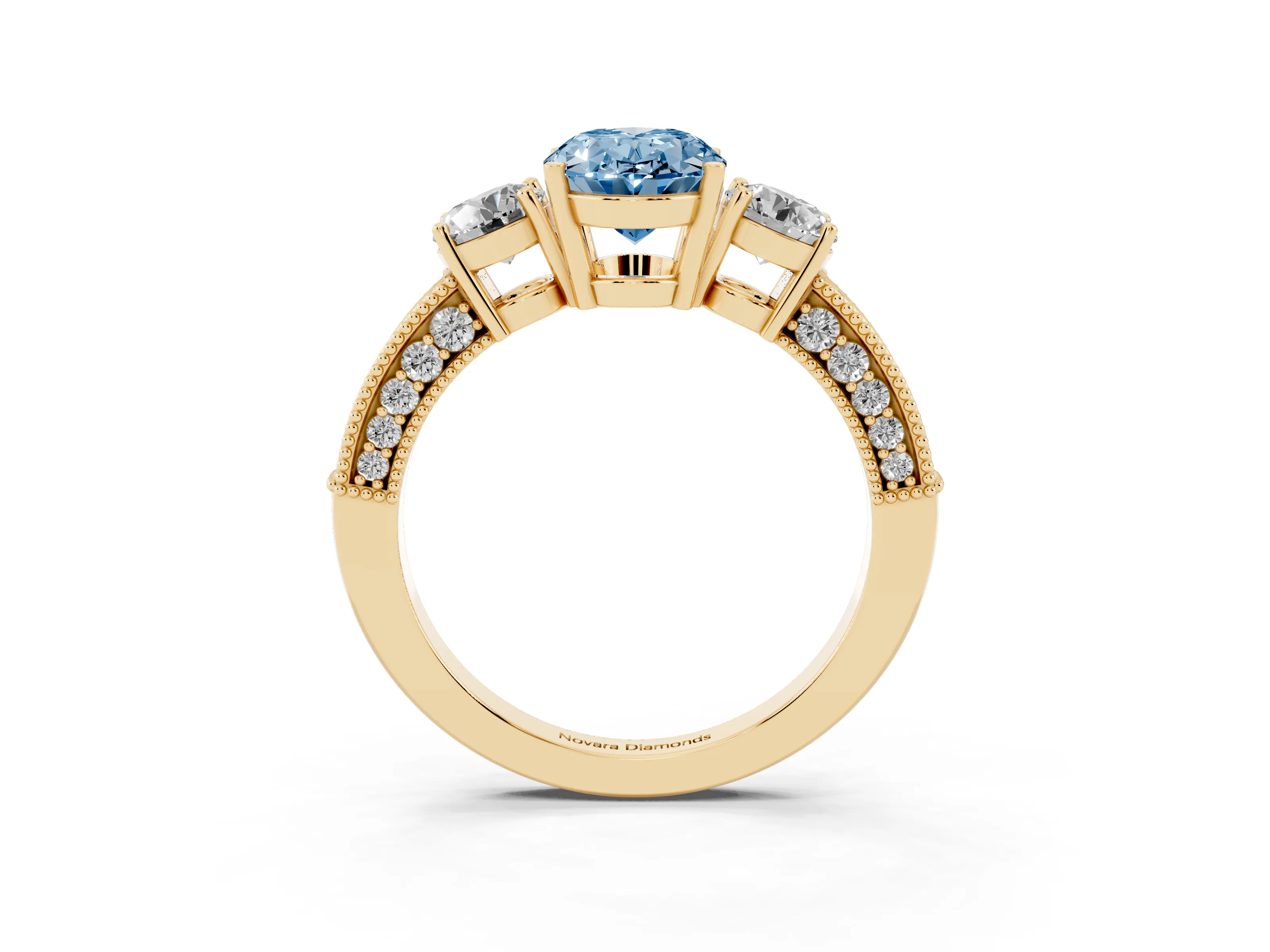 Fancy Blue Oval Cut Diamond Three-Stone Ring Set in Yellow gold with Round Side Stones and Pavé Band