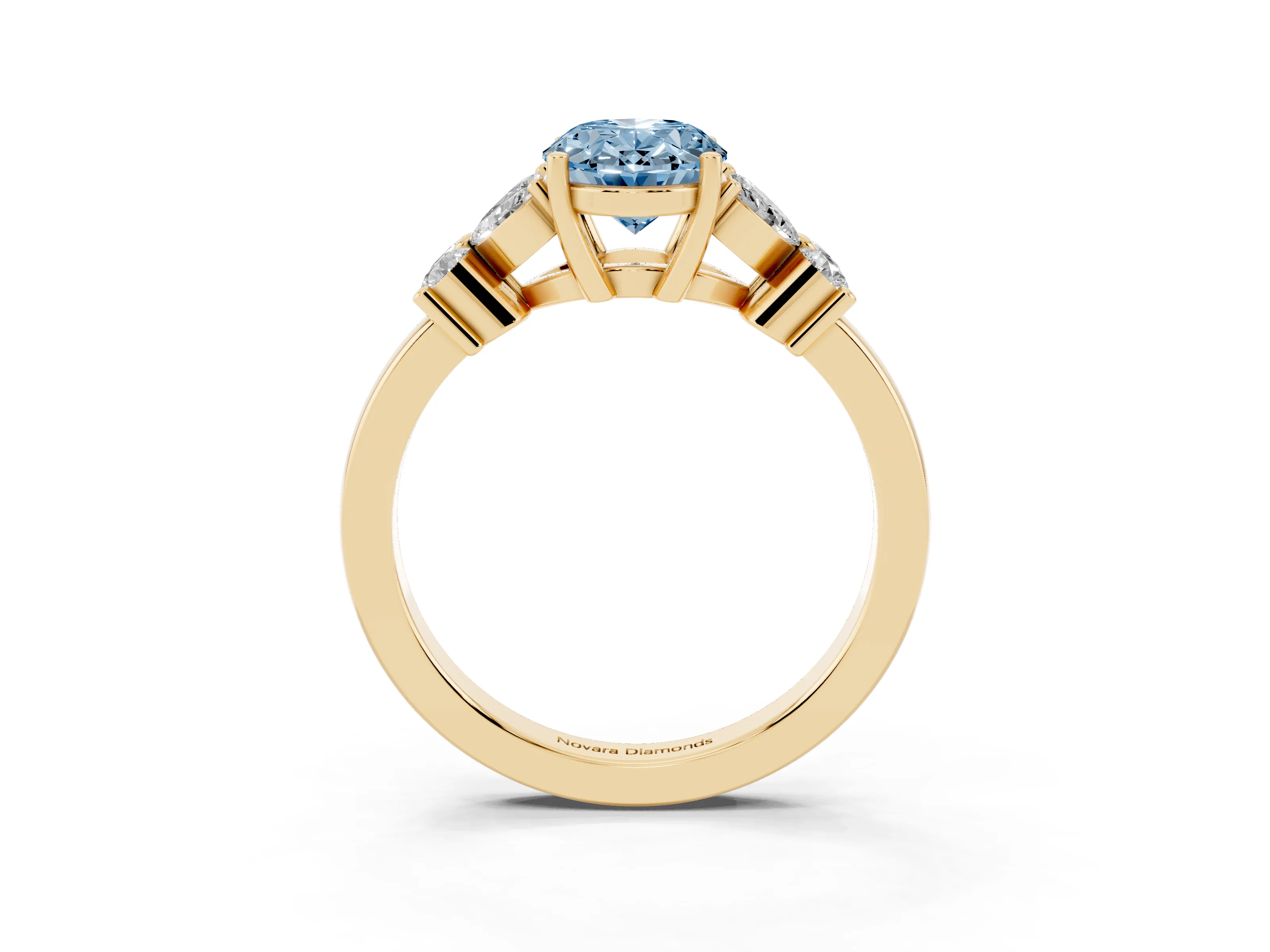 Fancy Blue Oval Cut Diamond Floral Cluster Ring Set in Yellow gold with Marquise Petals and Prong Setting