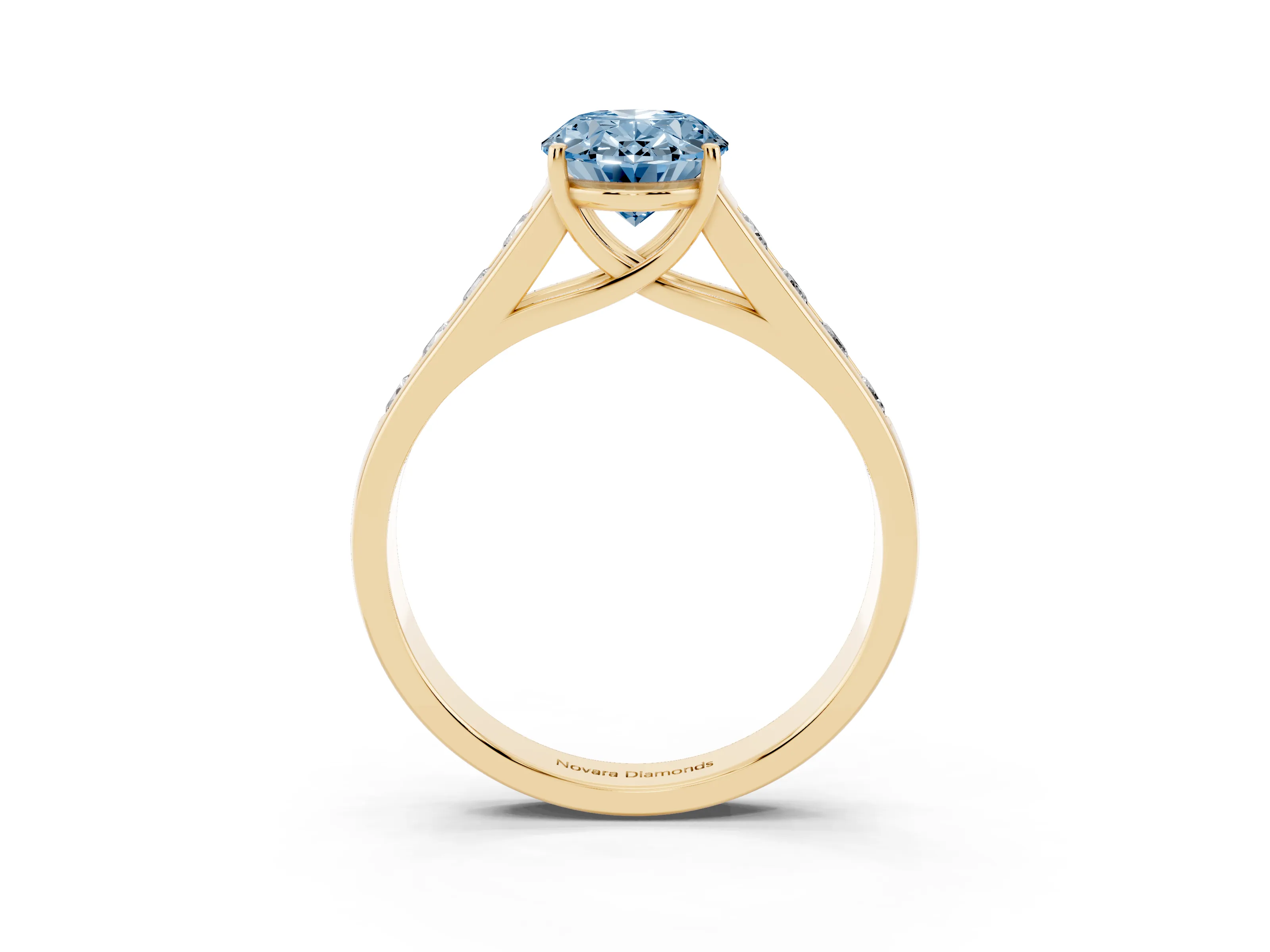 Fancy Blue Oval Cut Diamond Solitaire Channel-Set Engagement Ring Set in Yellow gold with Prong Setting