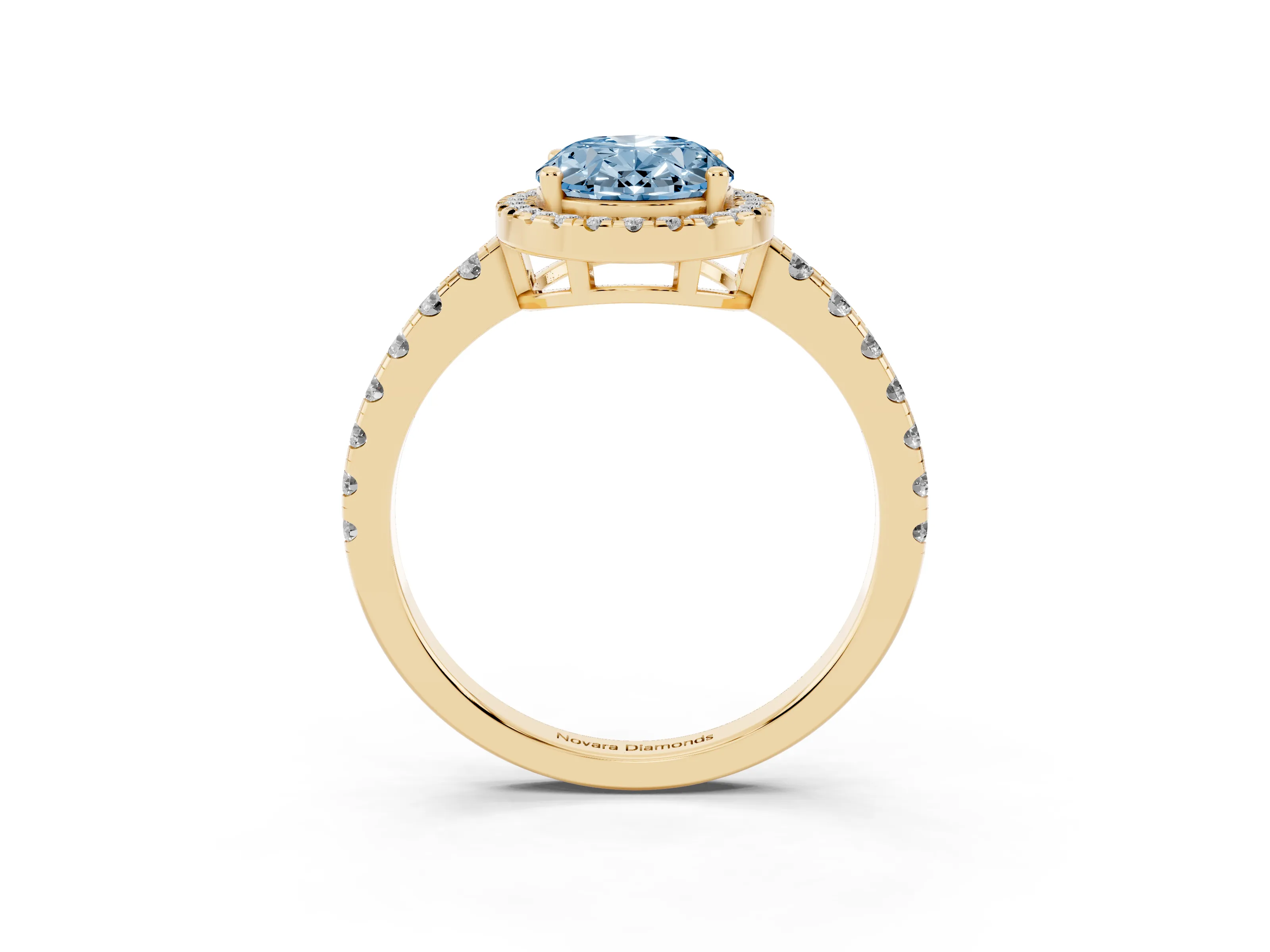 Fancy Blue Oval Cut Diamond Halo Ring Set in Yellow gold with Delicate Pavé Band and Prong Setting