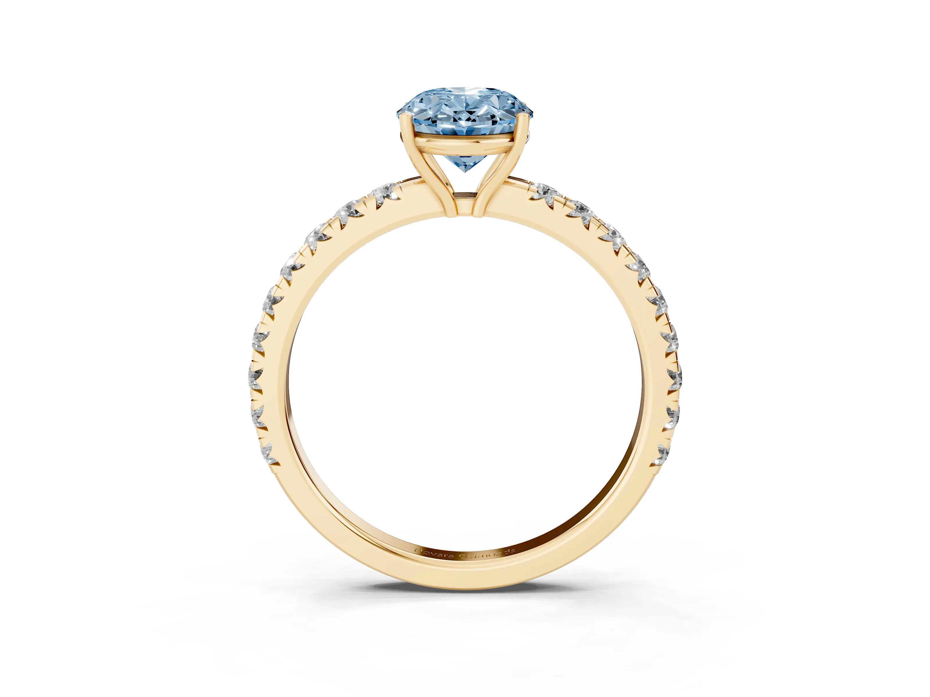 Fancy Blue Oval Cut Diamond Pavé Solitaire Engagement Ring Set in Yellow gold with Prong Setting