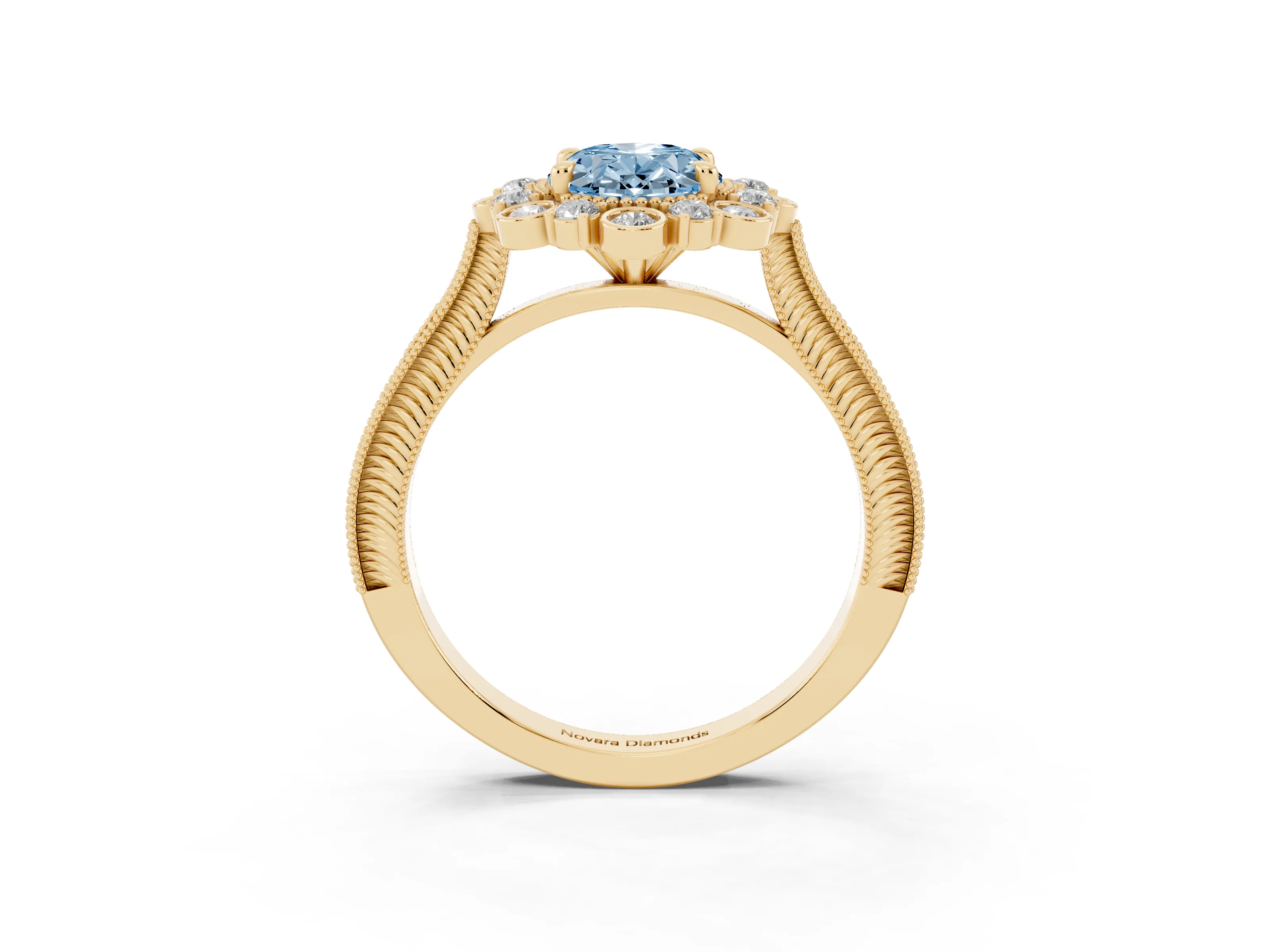 Fancy Blue Oval Cut Diamond Halo Milgrain Pavé Ring Set in Yellow gold with Prong Setting