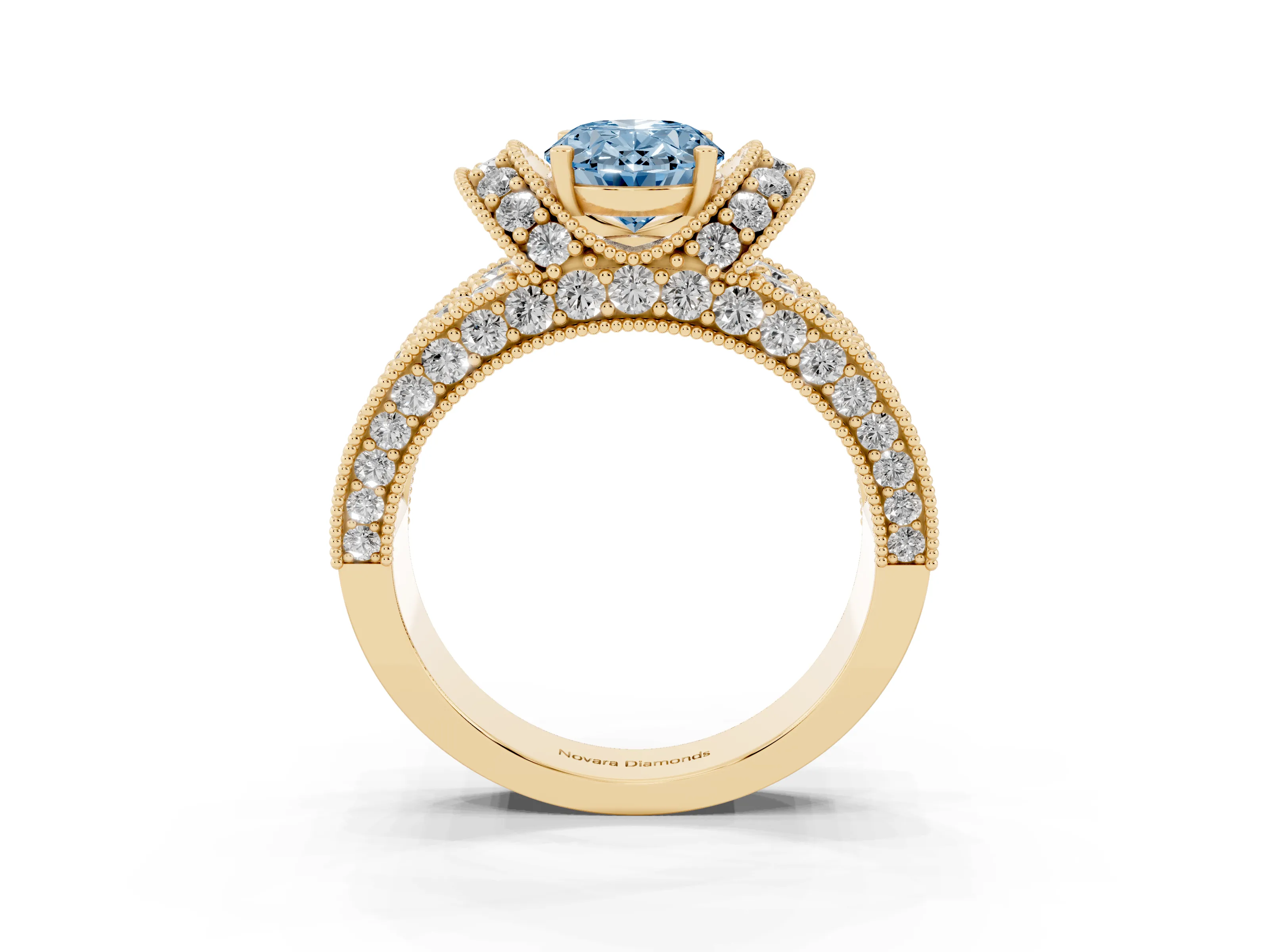 Fancy Blue Oval Cut Diamond Milgrain Halo Pavé Engagement Ring Set in Yellow gold with Prong Setting