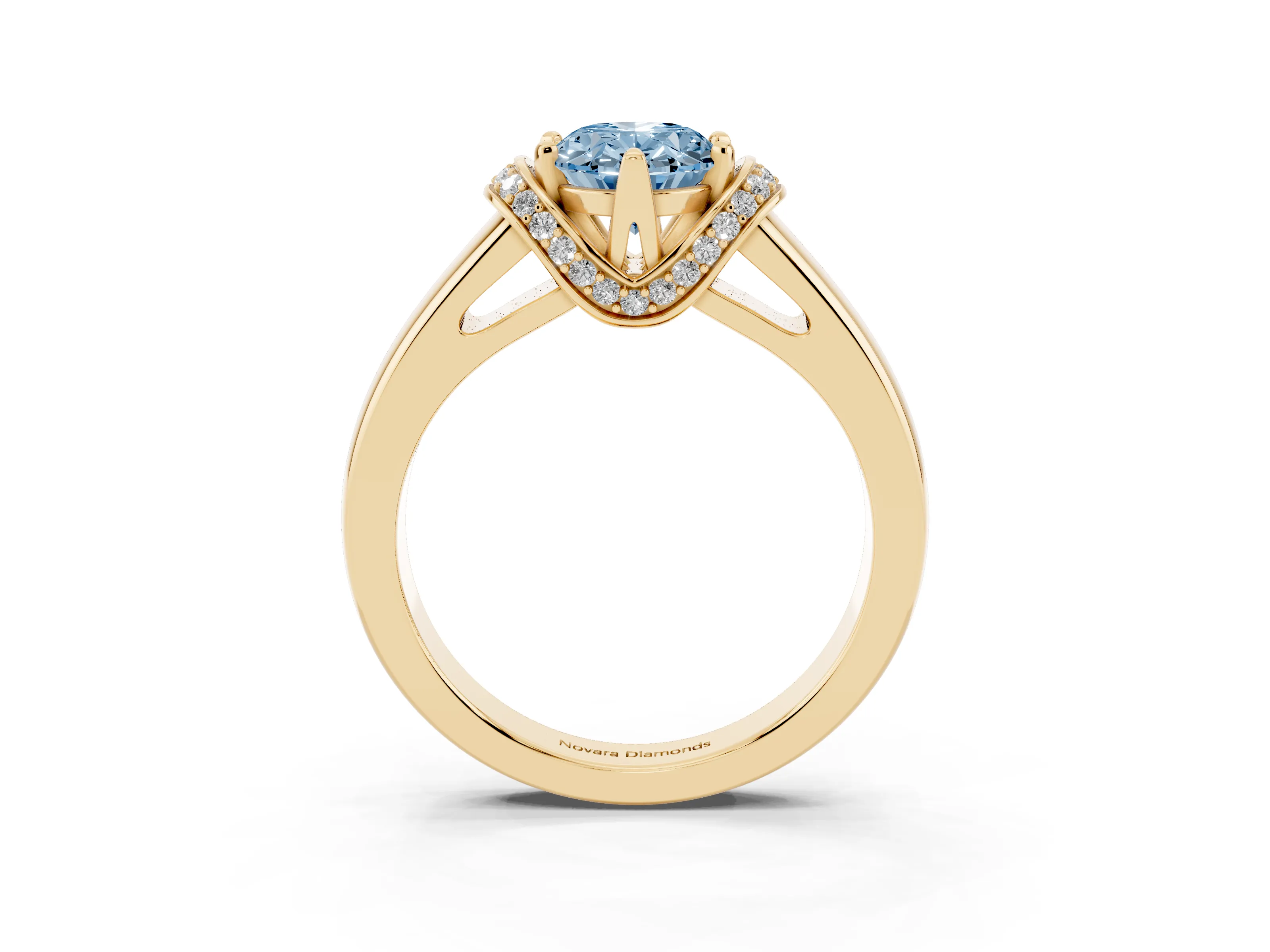 Fancy Blue Oval Cut Diamond Pavé Band Solitaire Ring Set in Yellow gold with Prong Setting