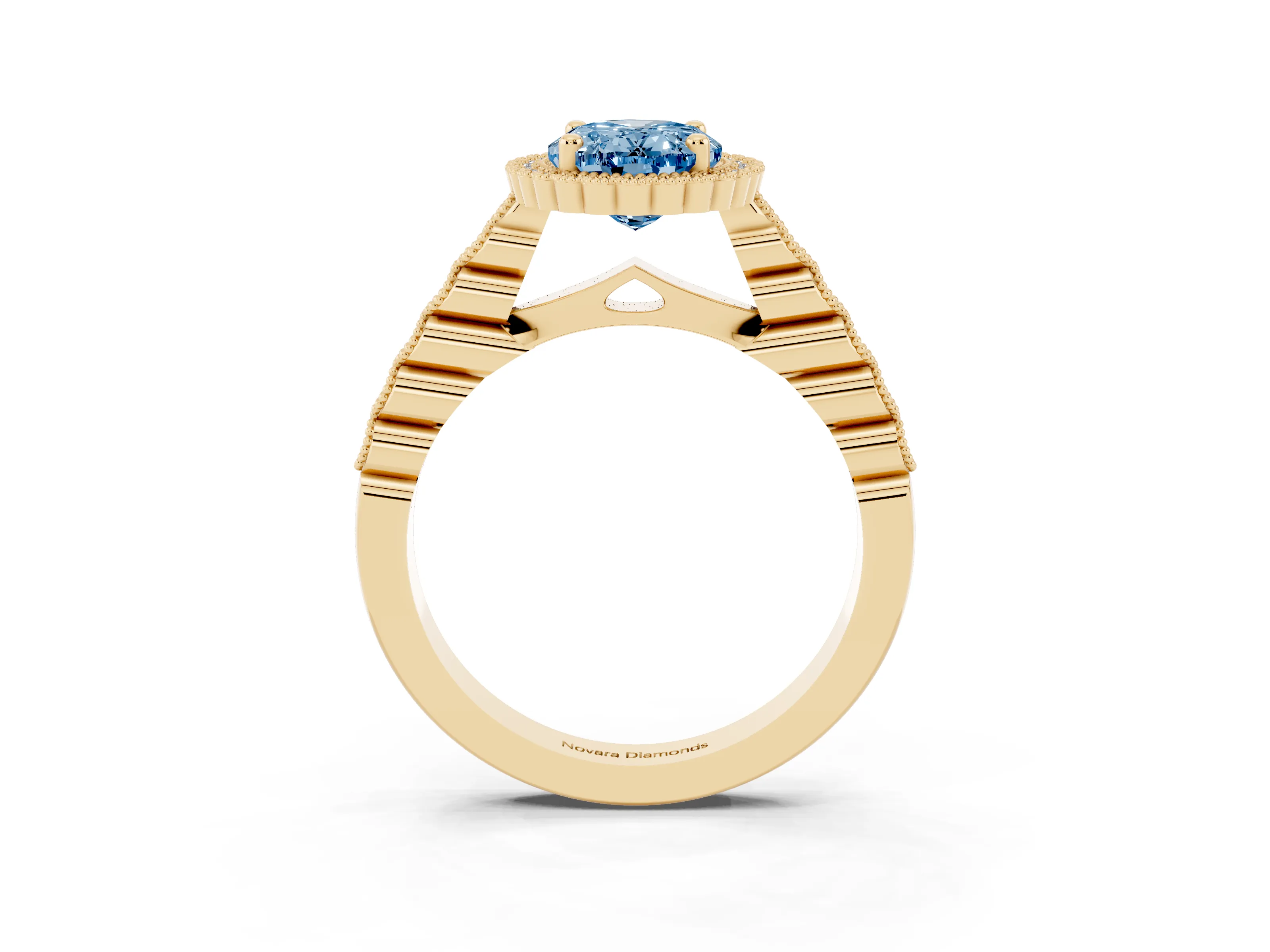 Fancy Blue Oval Cut Diamond Halo Ring Set in Yellow gold with Pavé Milgrain Band