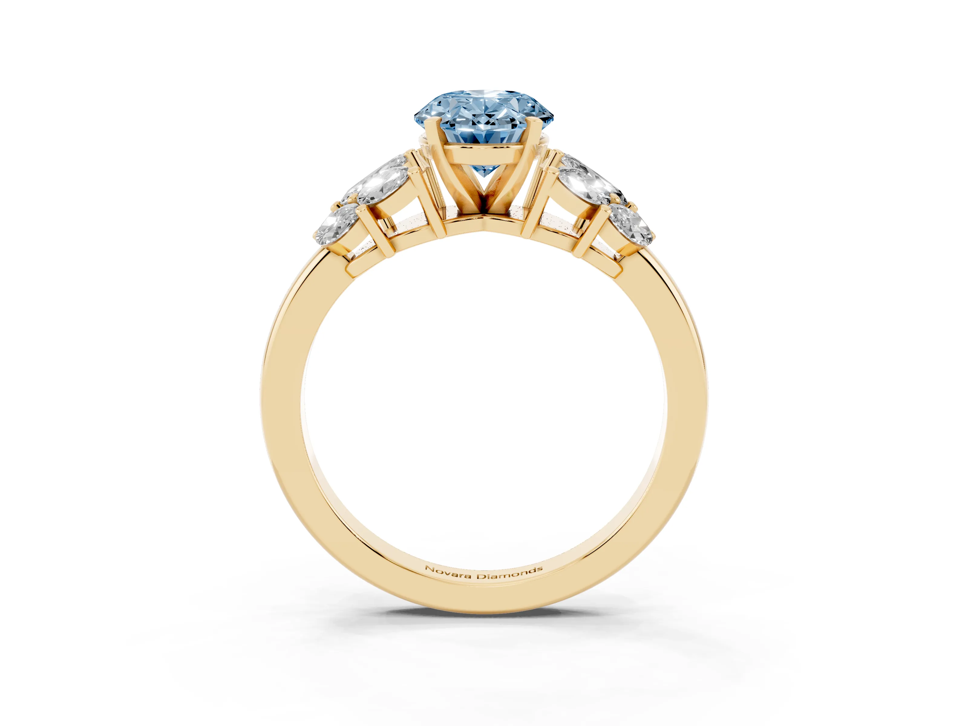Fancy Blue Oval Cut Diamond Cluster Leaf Design Ring Set in Yellow gold with Prong Setting