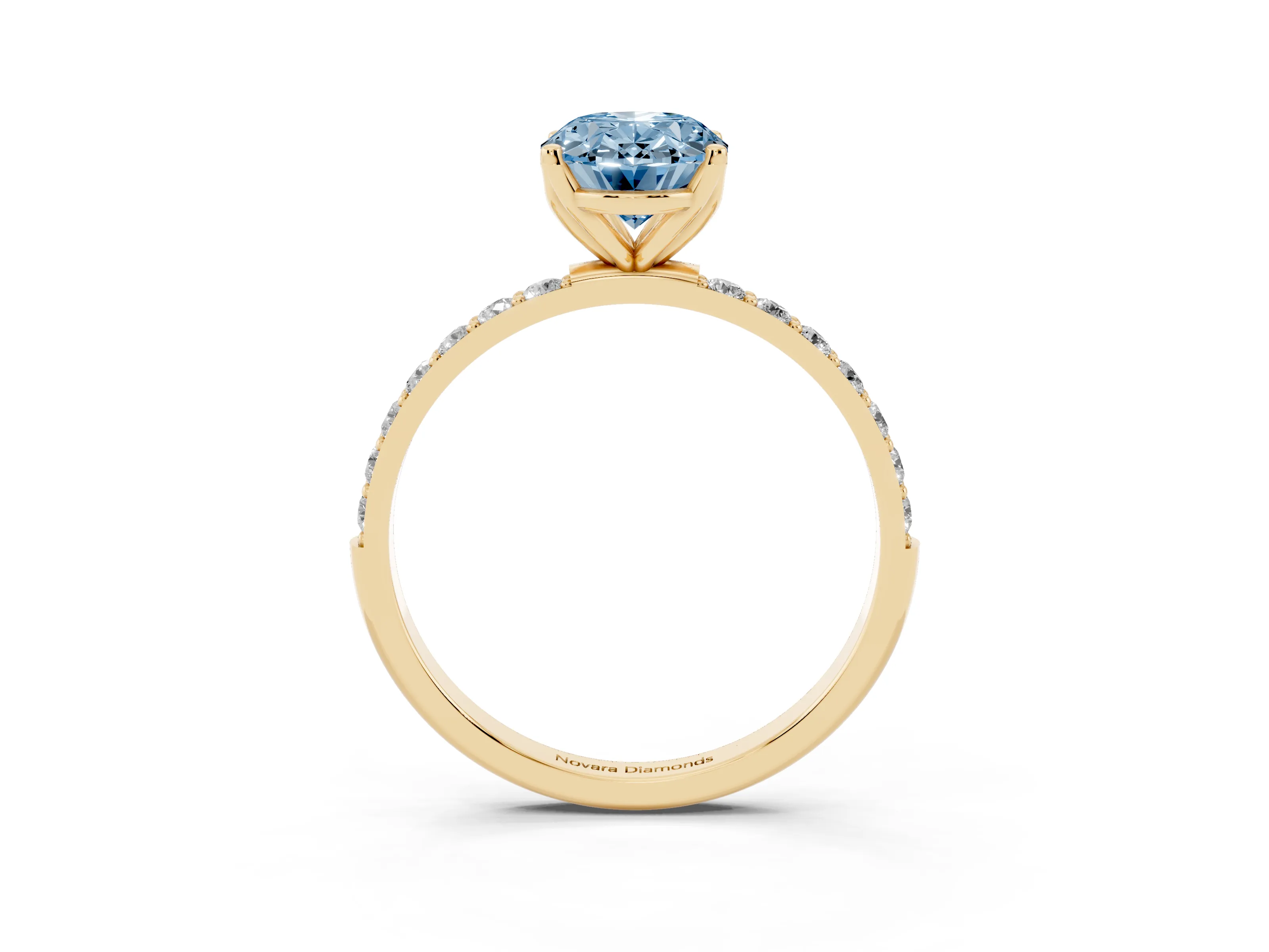 Fancy Blue Oval Cut Diamond Solitaire Engagement Ring Set in Yellow gold with Round Pavé Band and Prong Setting
