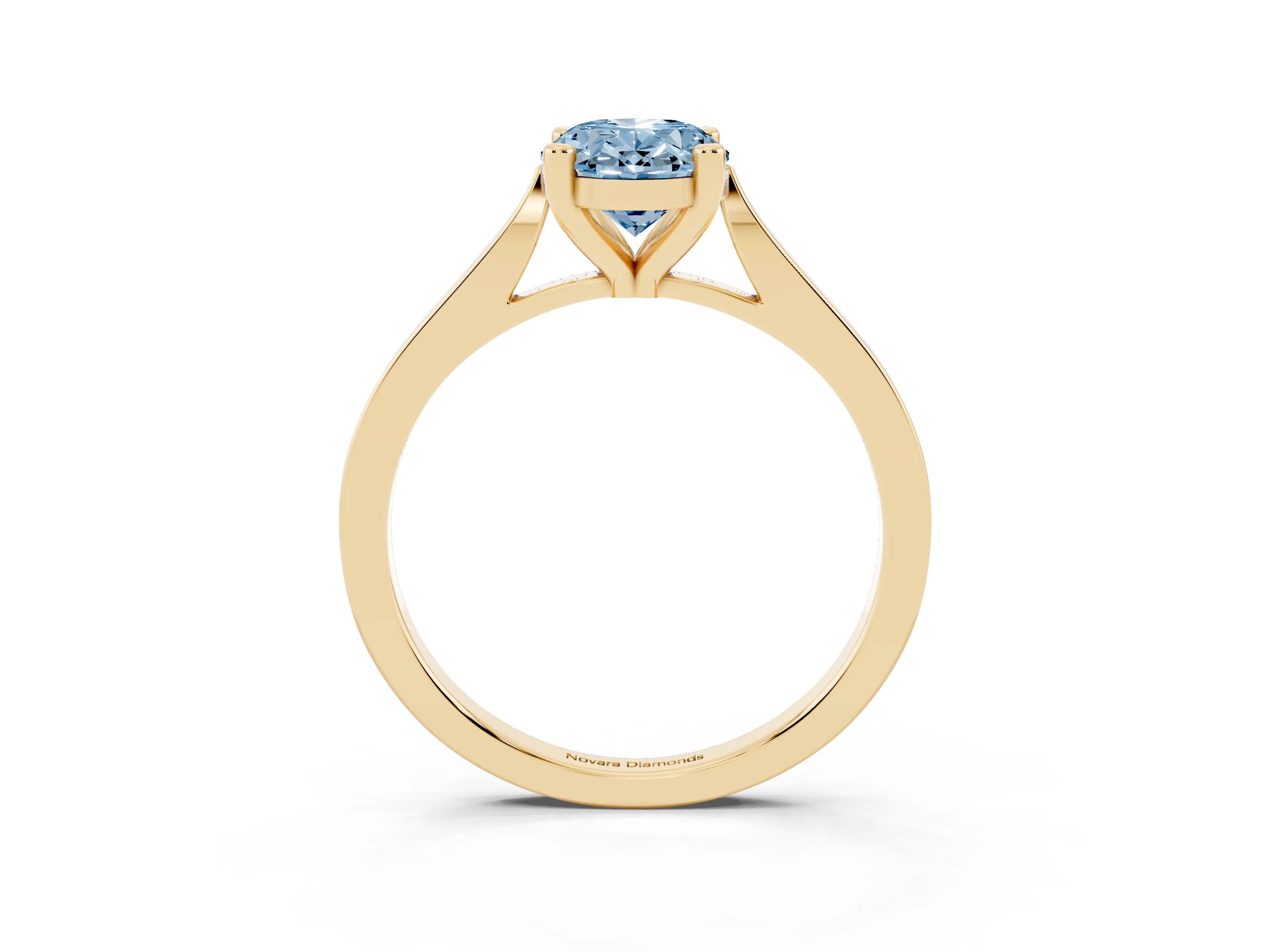 Fancy Blue Oval Cut Diamond Solitaire Ring Set in Yellow gold with Prong Setting and Tapered Band