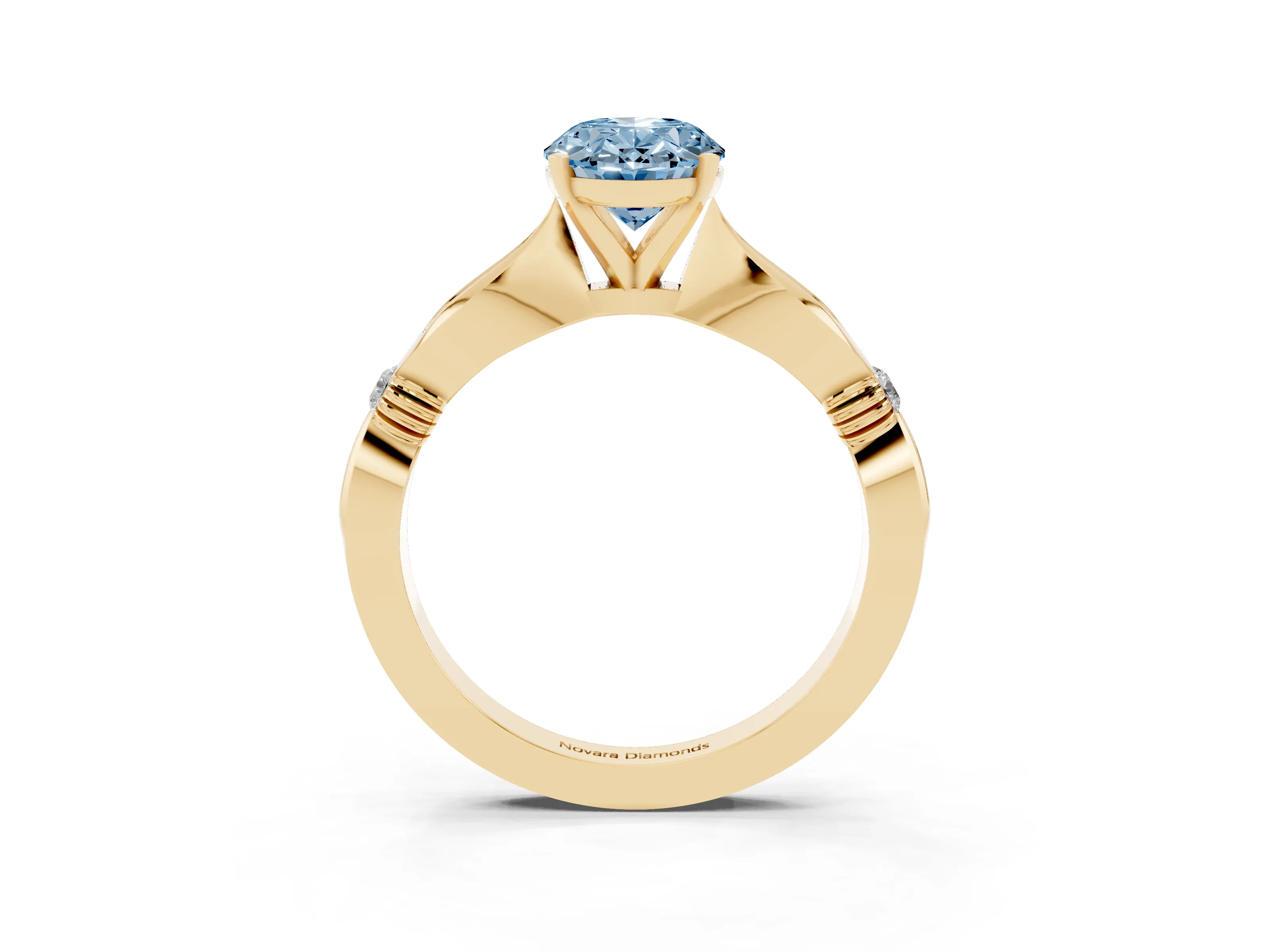 Fancy Blue Oval Cut Diamond Solitaire Twisted Band Ring Set in Yellow gold with Accent Stones and Prong Setting