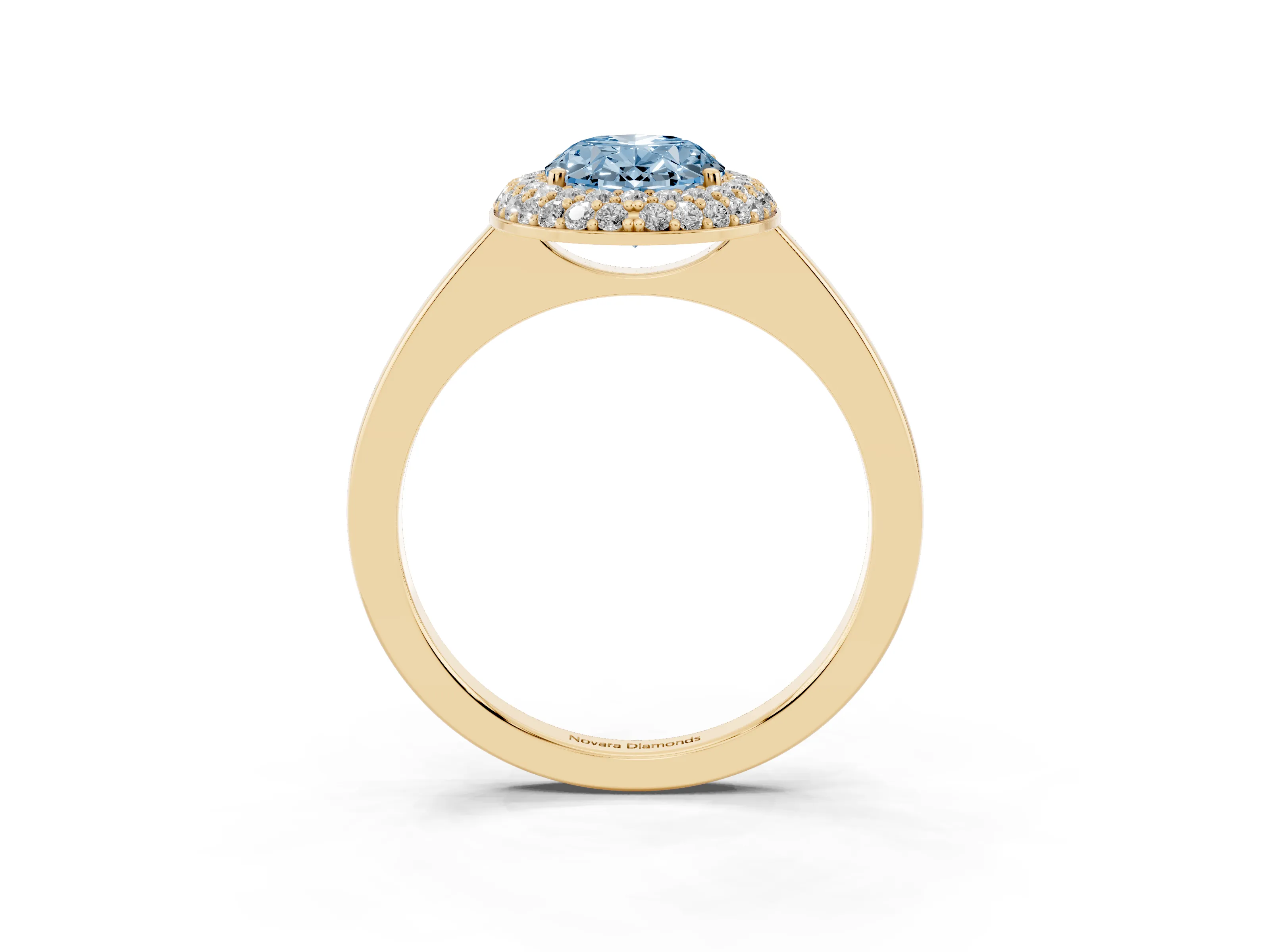 Fancy Blue Oval Cut Diamond Halo Engagement Ring Set in Yellow gold with Solitaire Band and Prong Setting