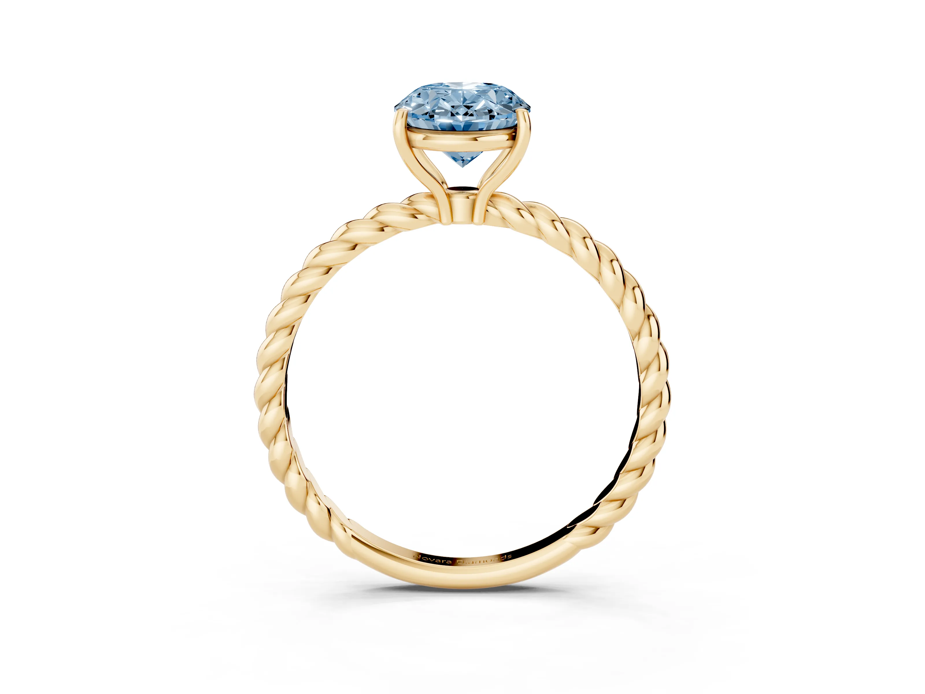 Fancy Blue Oval Cut Diamond Solitaire Twisted Band Ring Set in Yellow gold with Prong Solitaire Setting