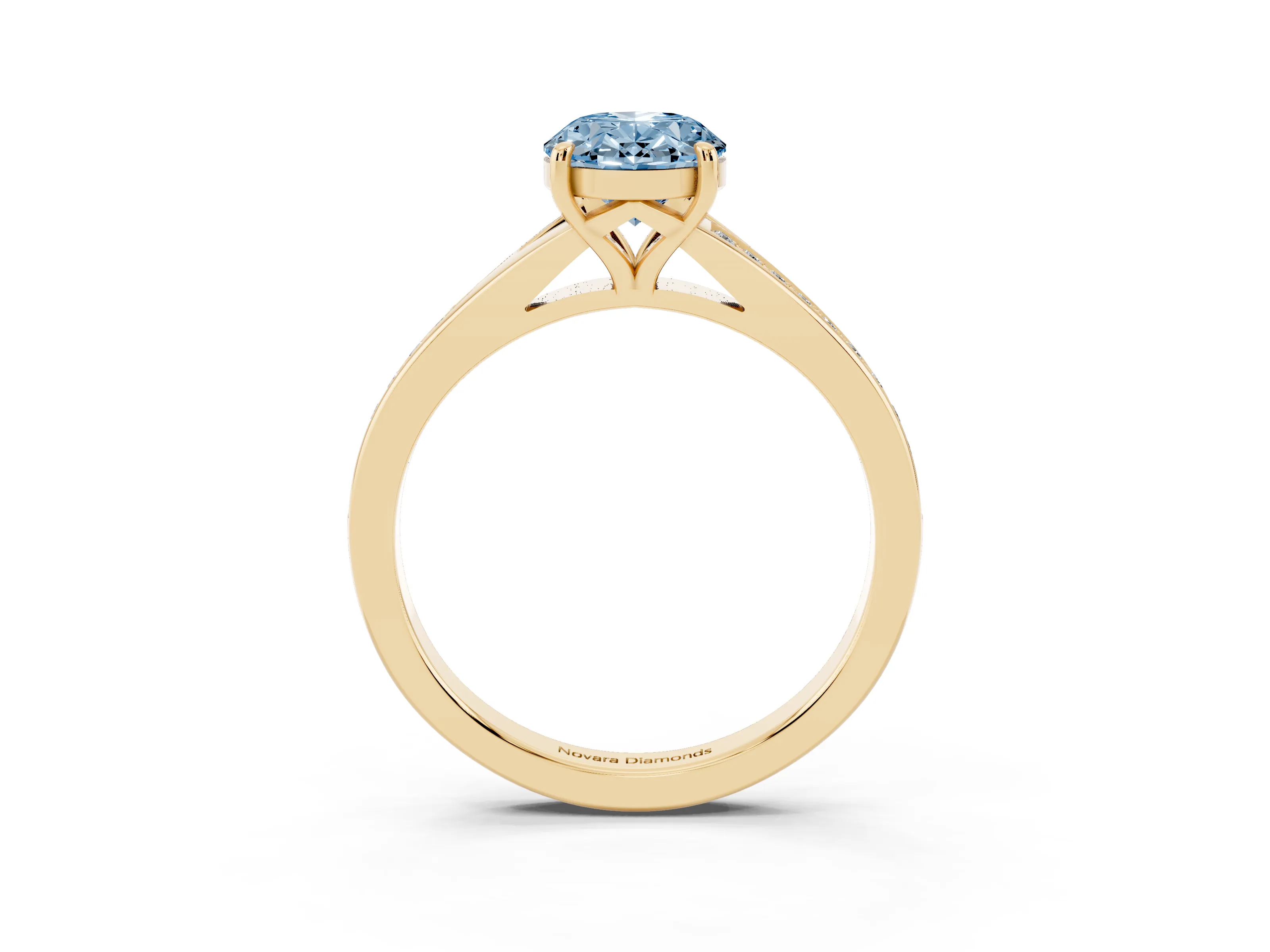 Fancy Blue Oval Cut Diamond Solitaire Ring Set in Yellow gold with Pavé Accent Band and Classic Prong Setting