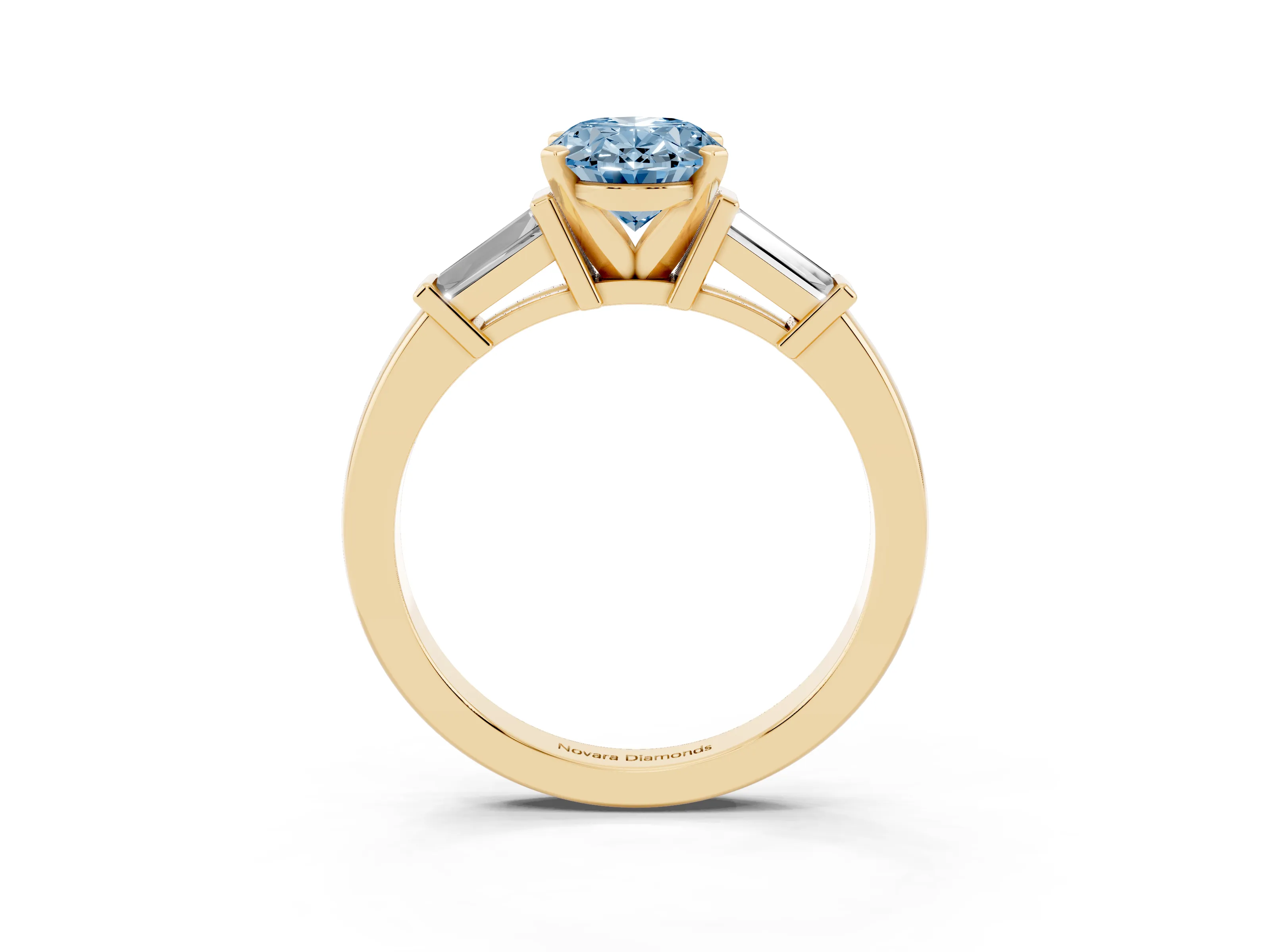Fancy Blue Oval Cut Diamond Solitaire Ring Set in Yellow gold with Tapered Baguette Accents and Prong Setting
