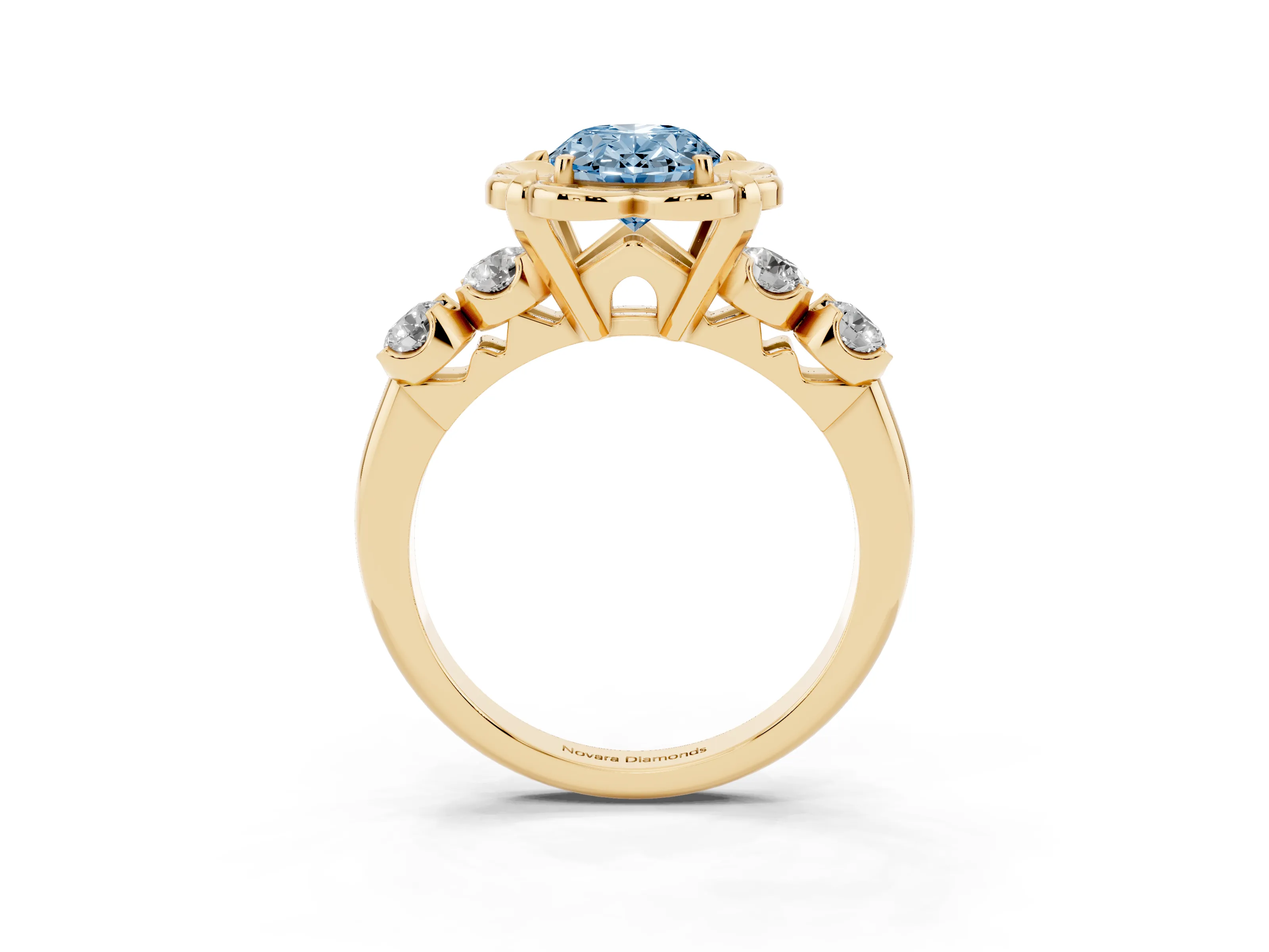 Fancy Blue Oval Cut Diamond Floral Halo Ring Set in Yellow gold with Shared Prong Band