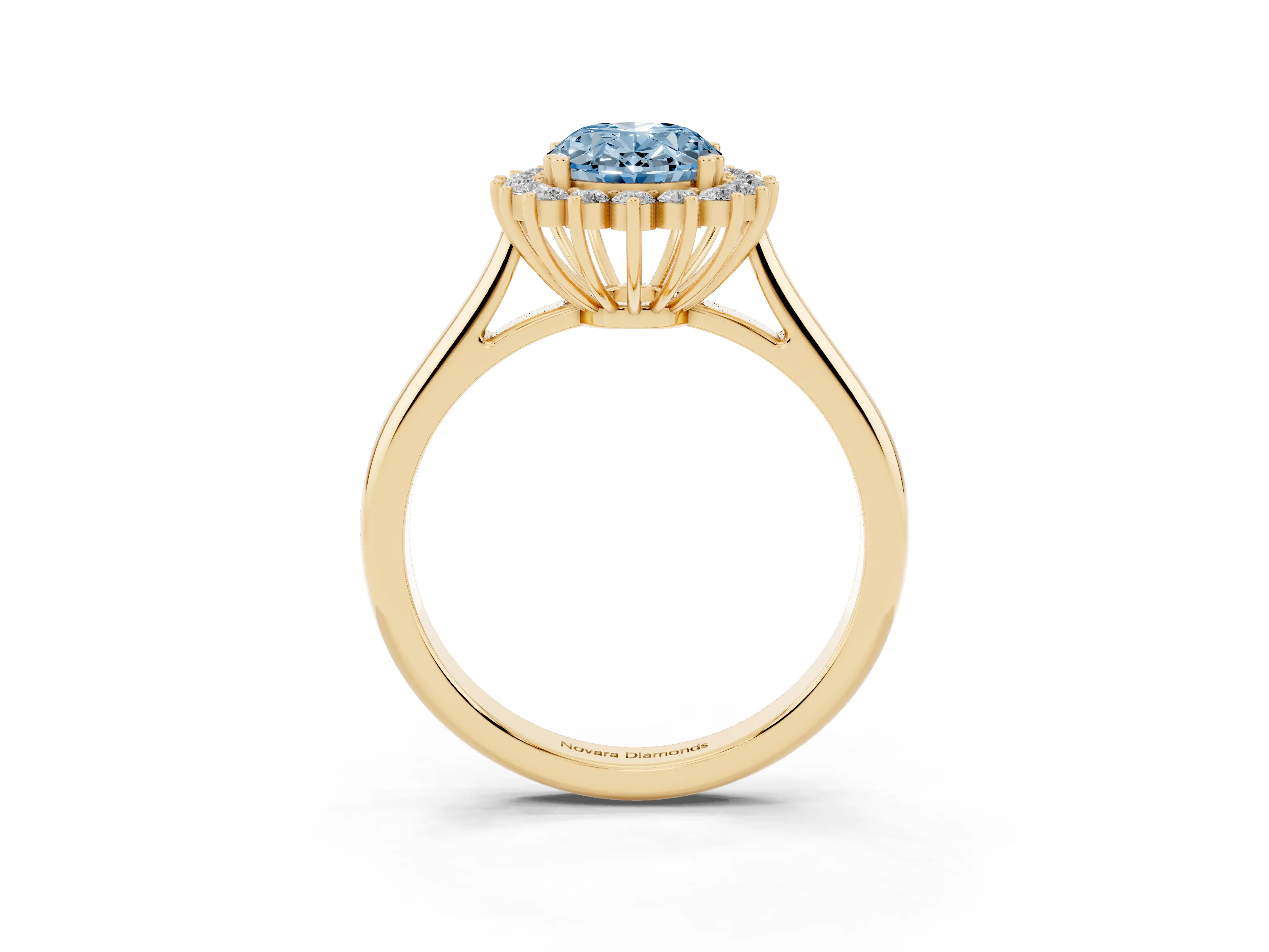 Fancy Blue Oval Cut Diamond Halo Ring Set in Yellow gold with Plain Solitaire Band and Prong Setting