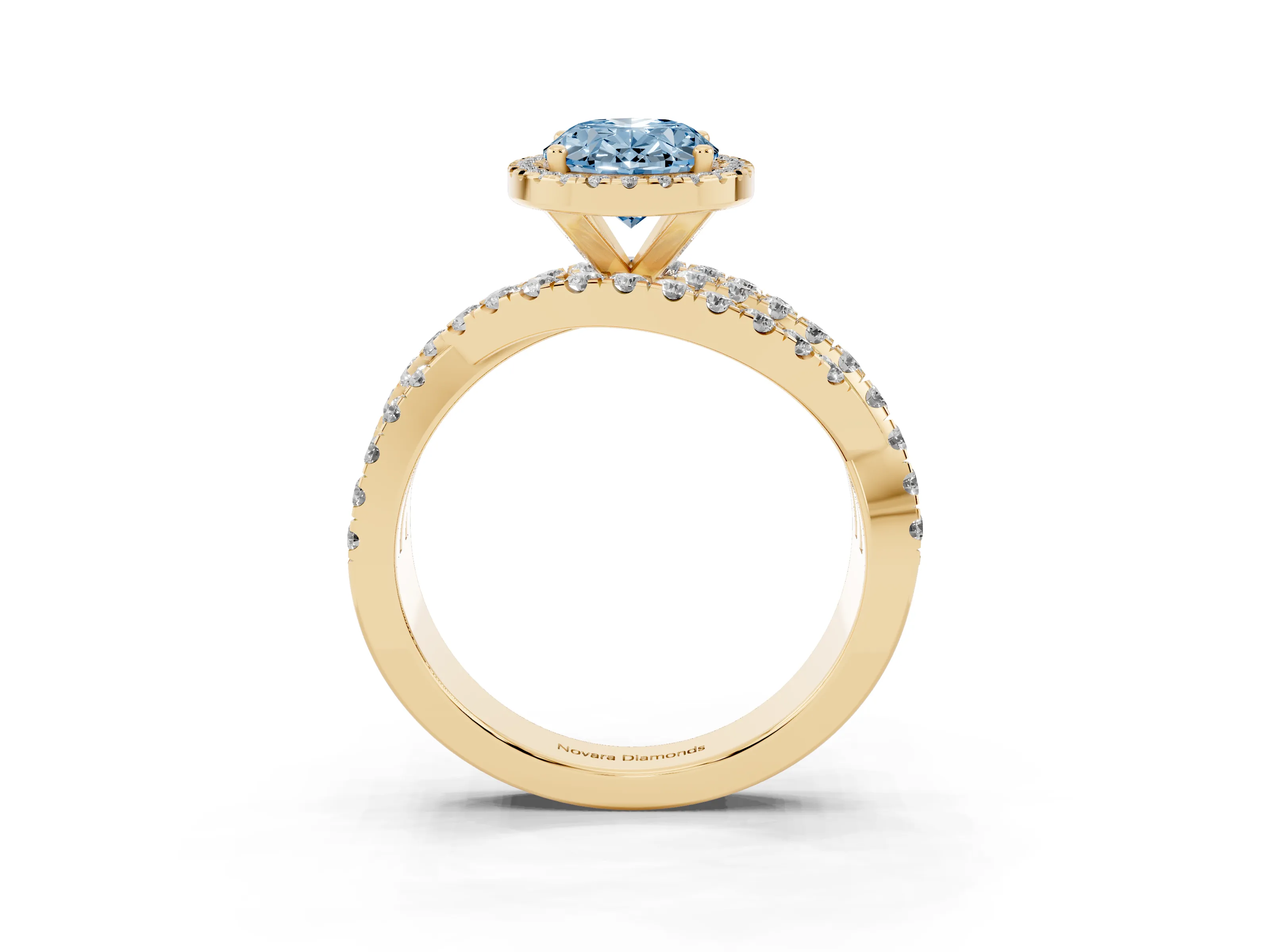 Fancy Blue Oval Cut Diamond Halo Ring Set in Yellow gold with Round Crossover Split Shank and Prong Setting