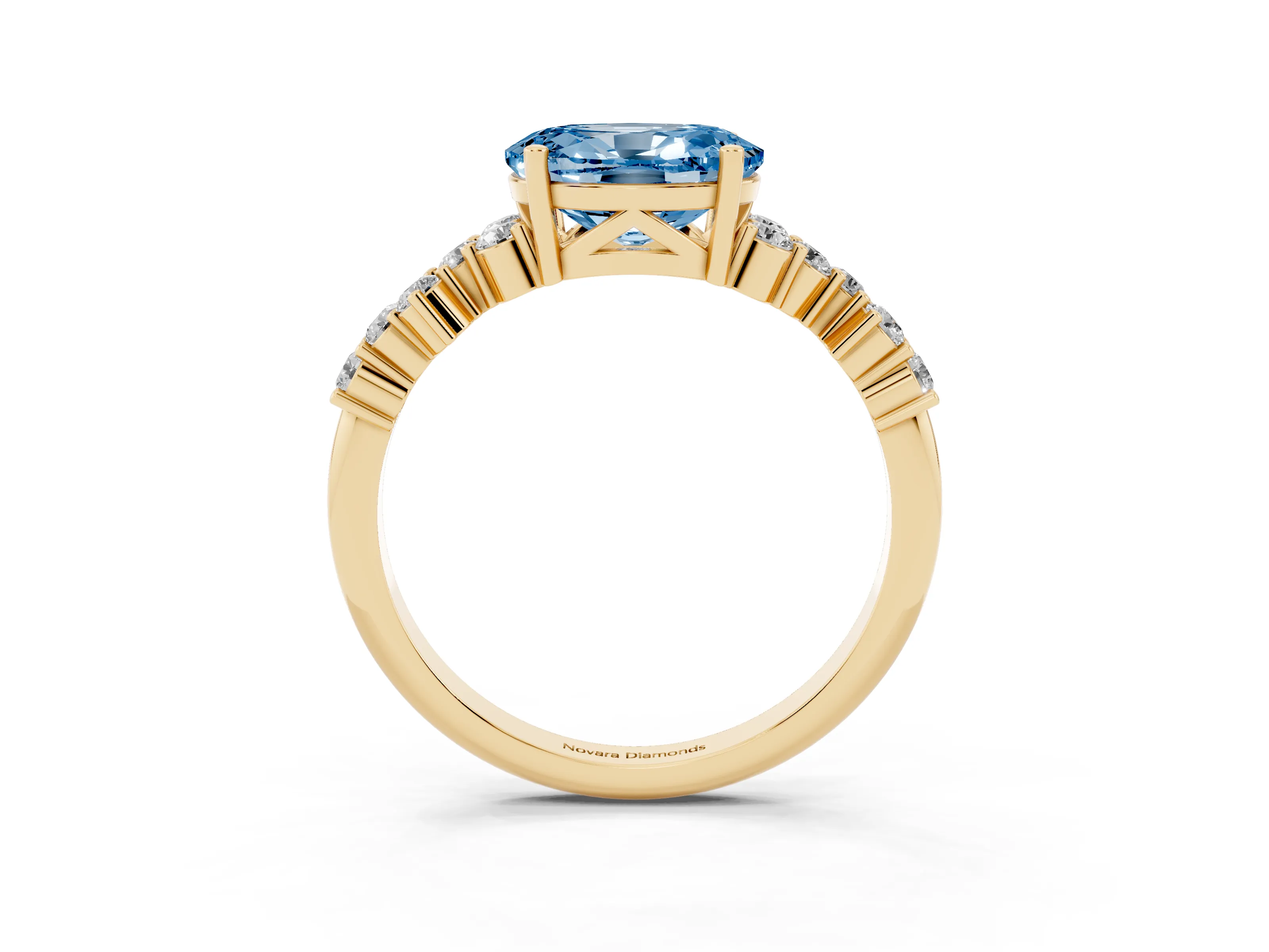 Fancy Blue Oval Cut Diamond Ring Set in Yellow gold with Scattered Round Accents