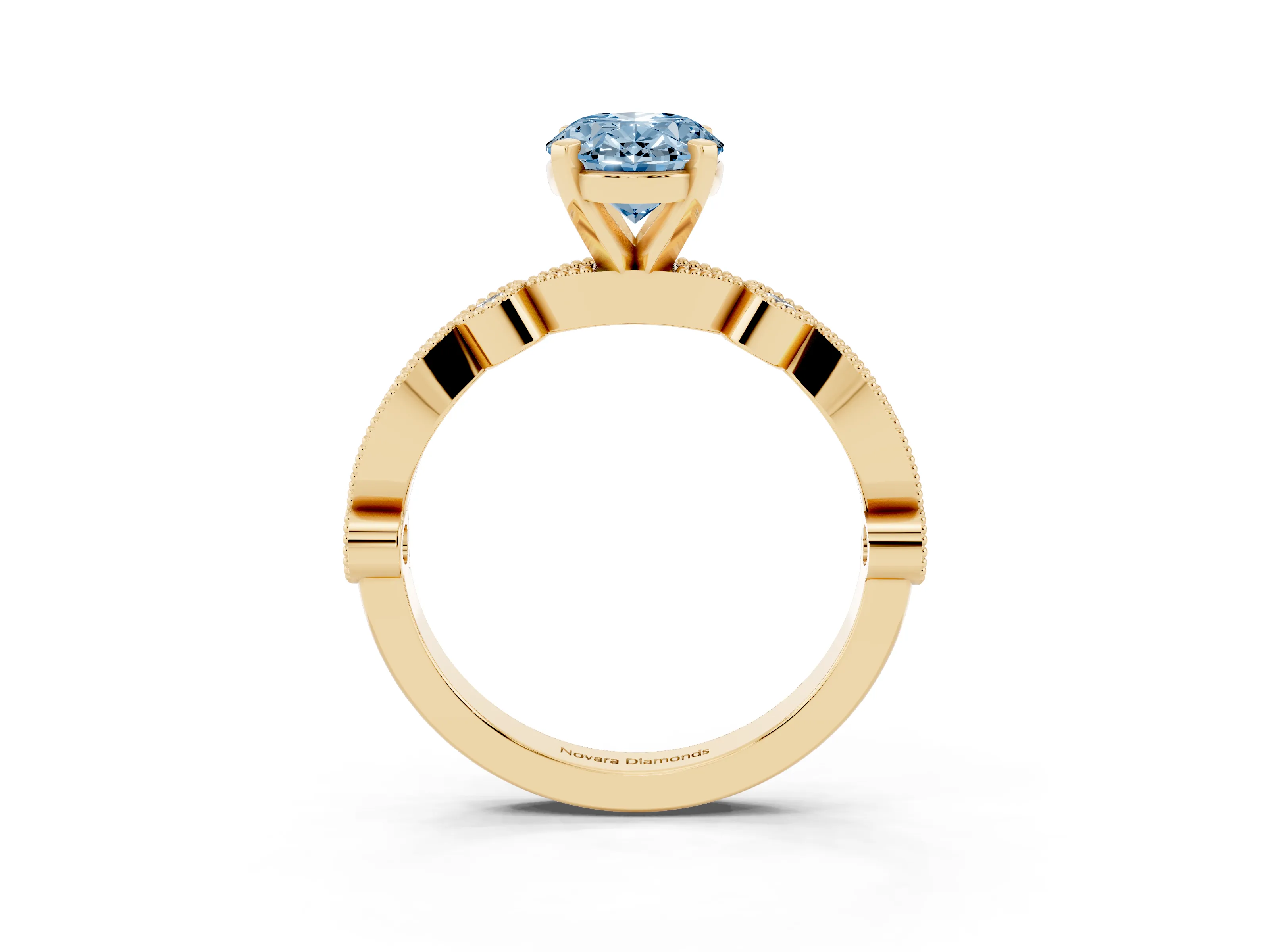 Fancy Blue Oval Cut Diamond Solitaire Engagement Ring Set in Yellow gold with Milgrain Bezel Accent Band