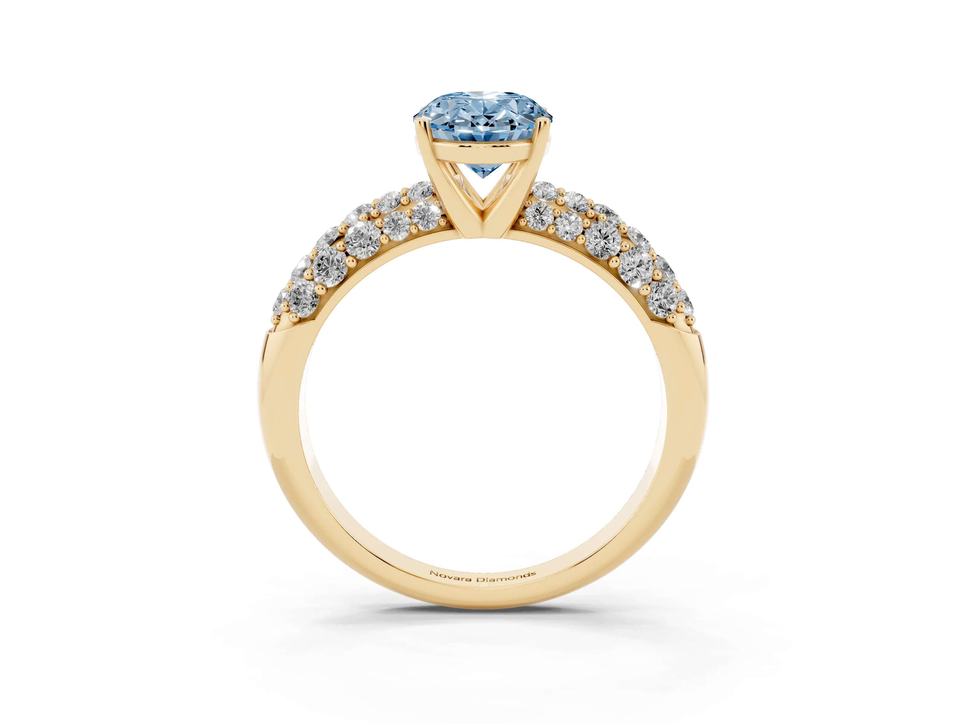 Fancy Blue Oval Cut Diamond Pavé Band Solitaire Ring Set in Yellow gold with Close-Set Accent Stones and Prong Setting