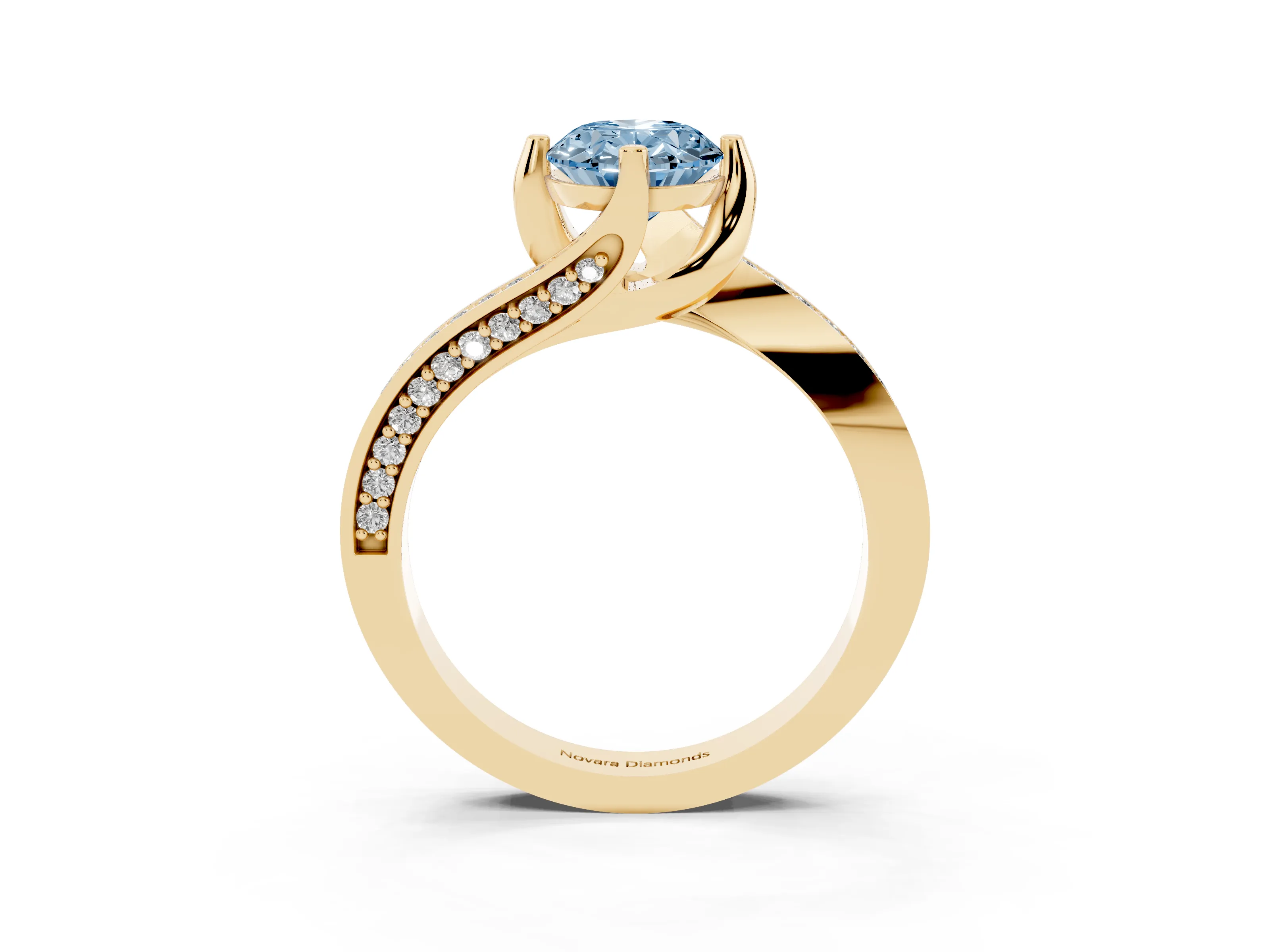 Fancy Blue Oval Cut Diamond Solitaire Ring Set in Yellow gold with Intertwined Pavé Twist Band