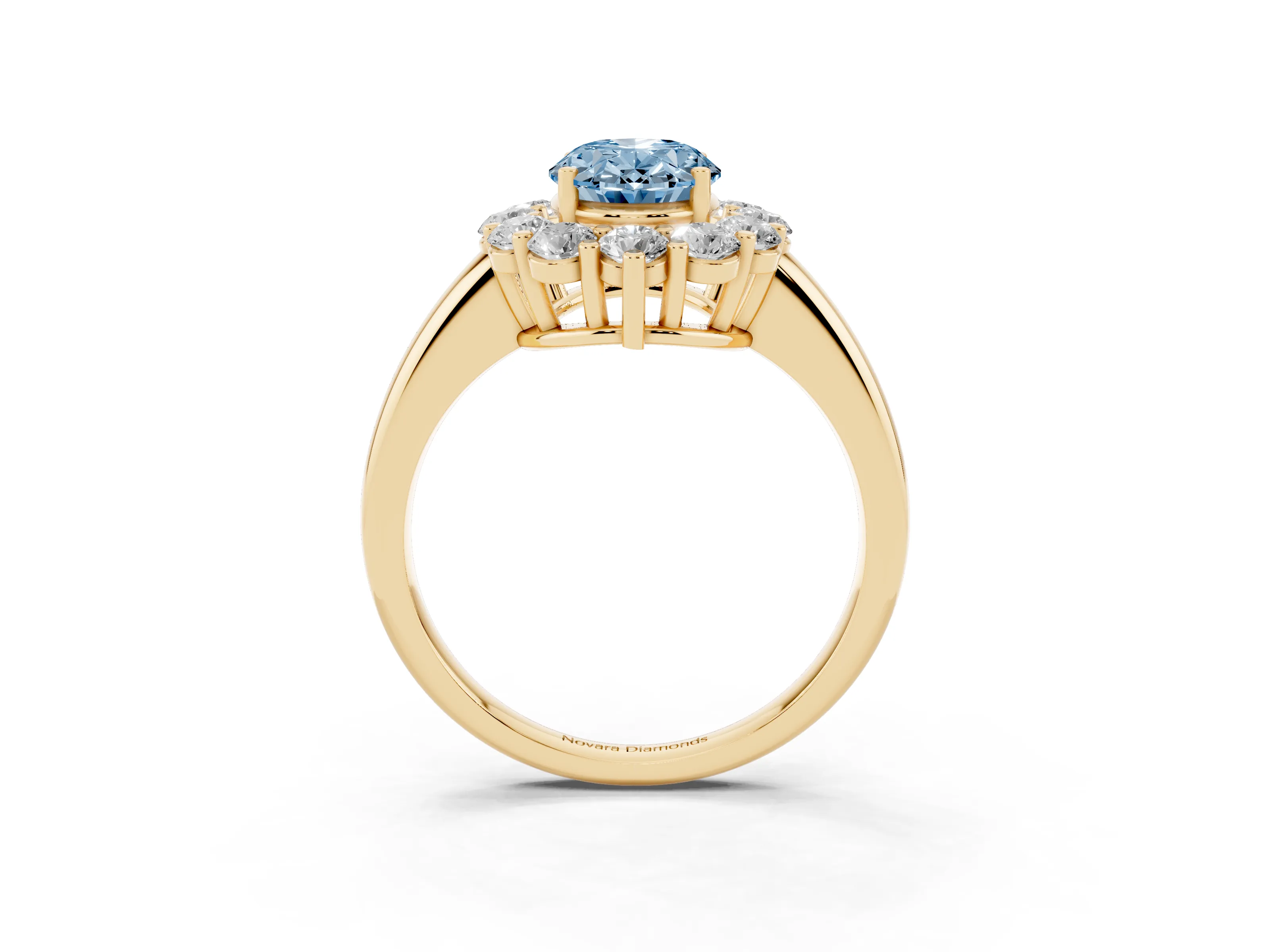 Fancy Blue Oval Cut Diamond Halo Cluster Engagement Ring Set in Yellow gold with Polished Band and Prong Setting