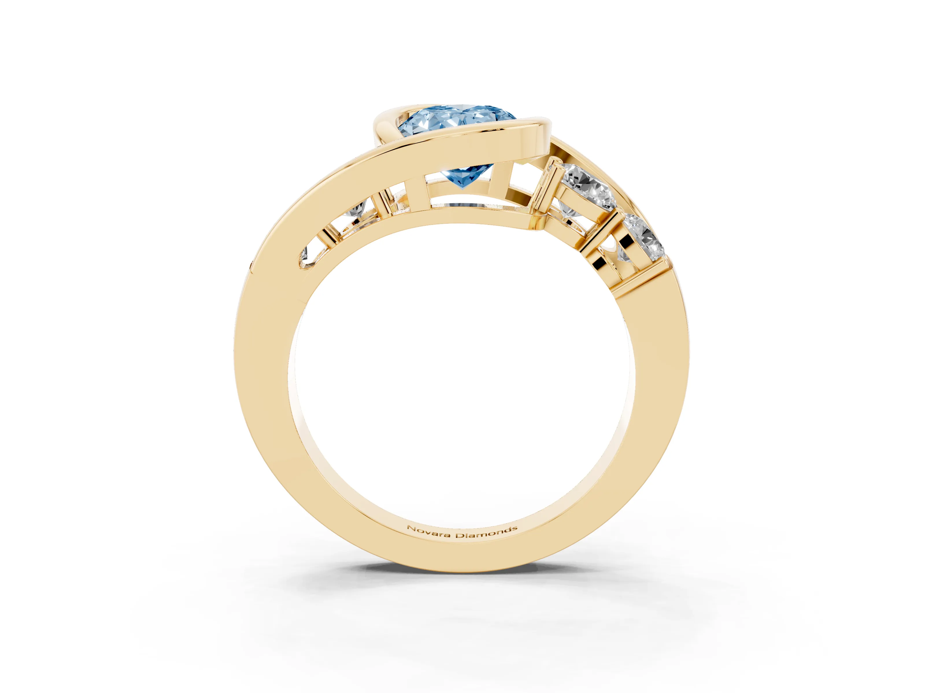 Fancy Blue Oval Cut Diamond Bezel Bypass Ring Set in Yellow gold with Round Accents
