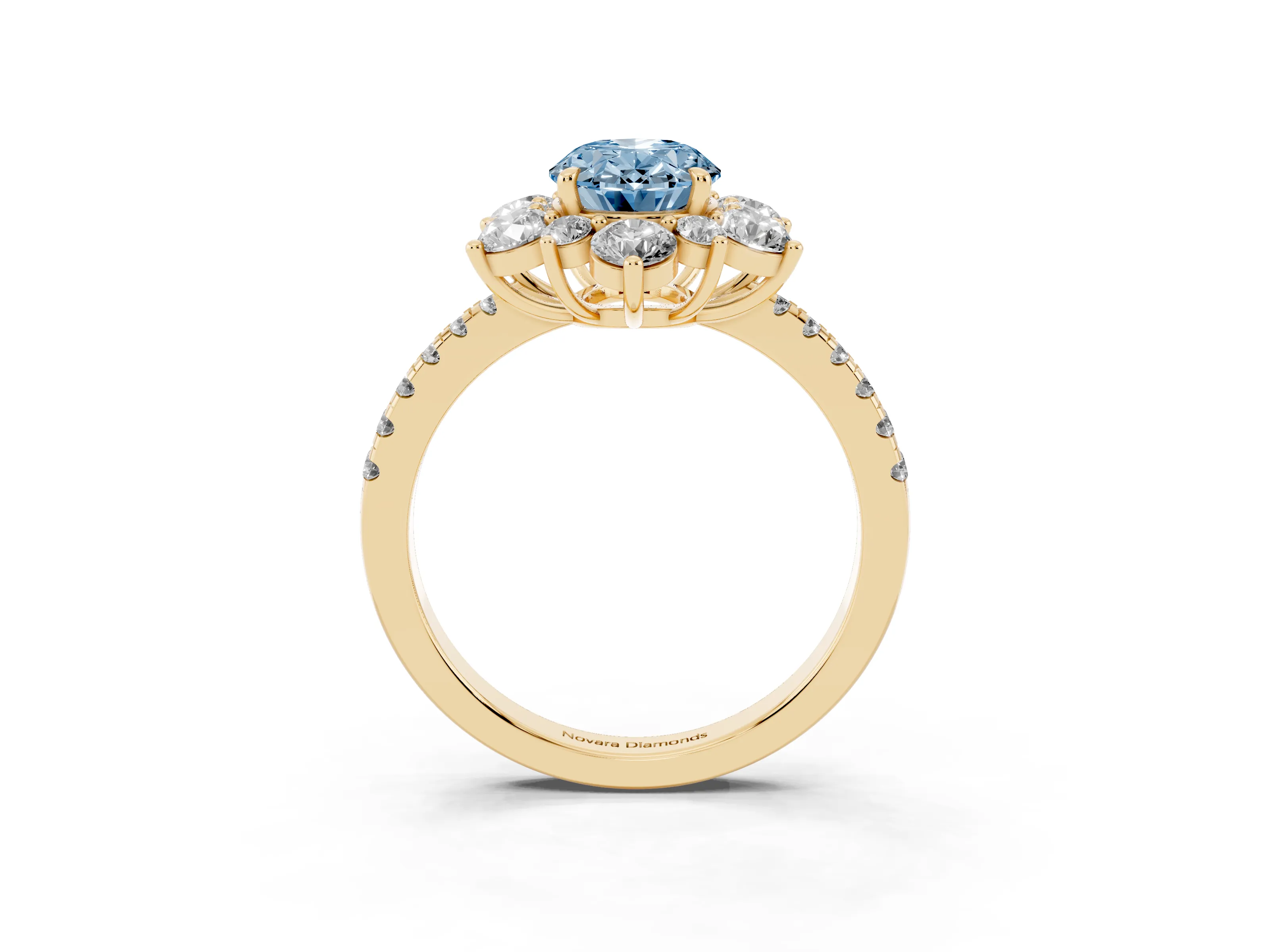 Fancy Blue Oval Cut Diamond Floral Halo Ring Set in Yellow gold with Round Pavé Band and Prong Setting