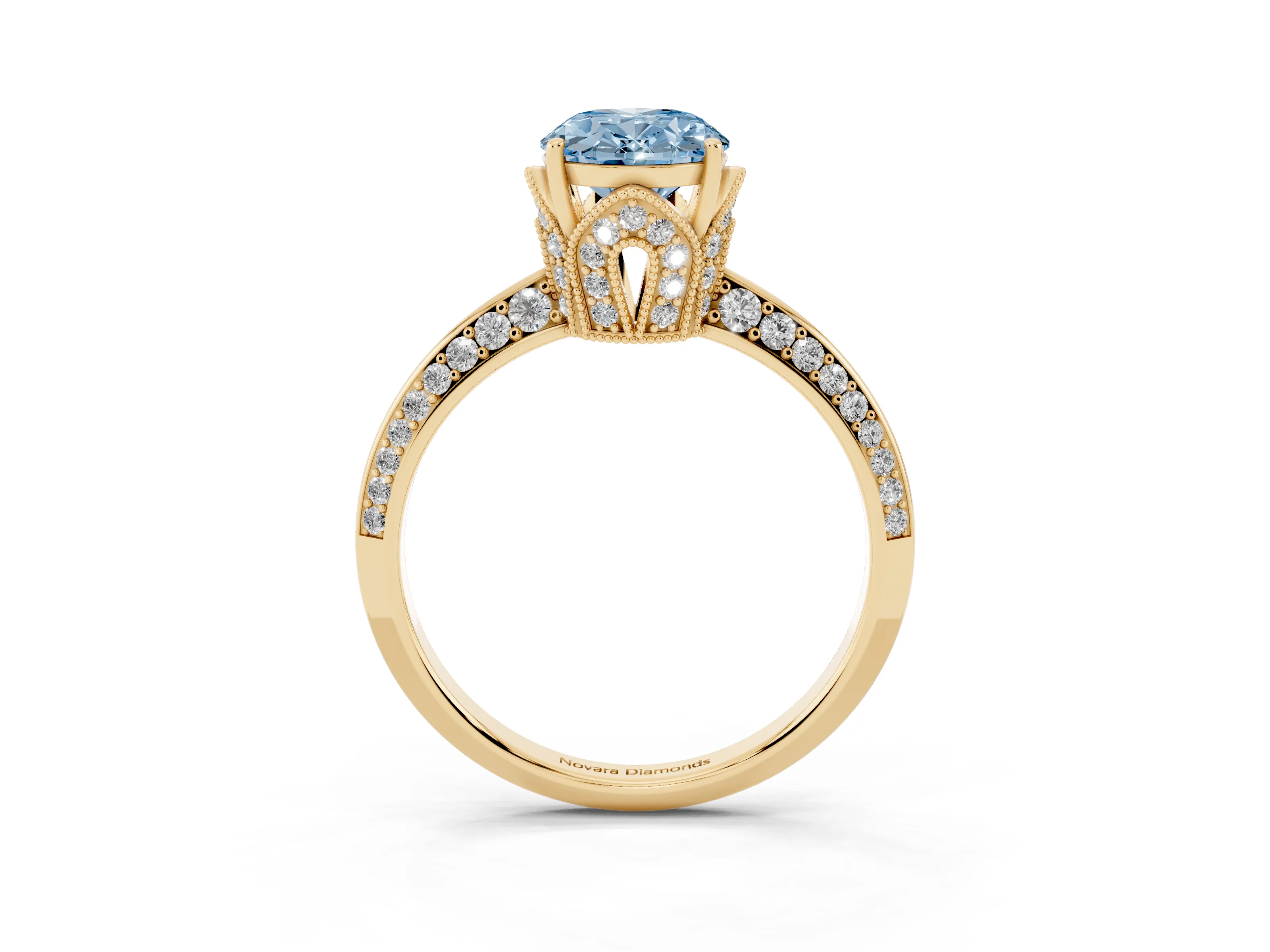 Fancy Blue Oval Cut Diamond Solitaire Engagement Ring Set in Yellow gold with Pavé Split Shank and Prong Setting