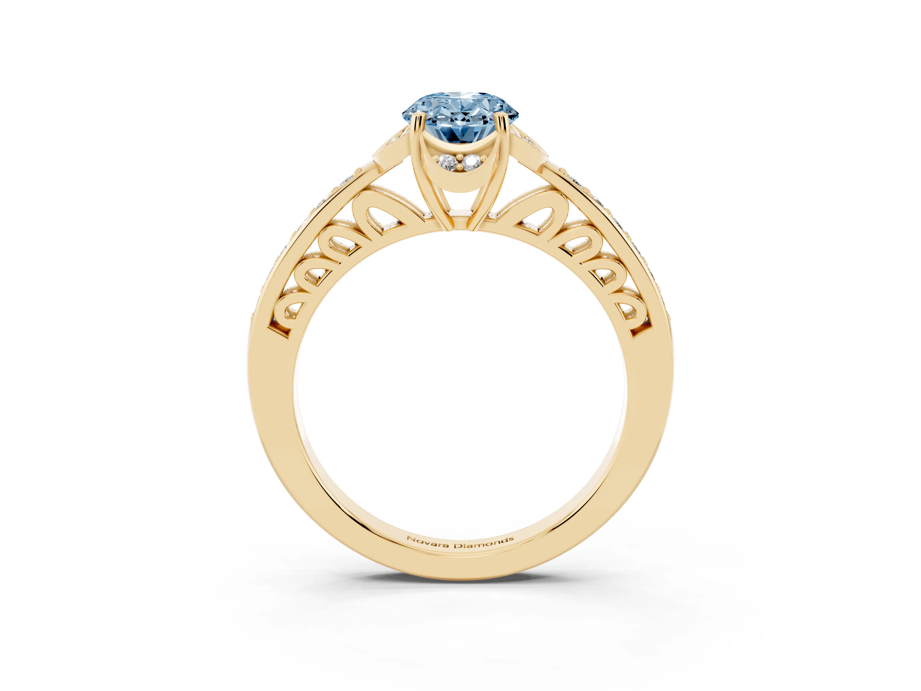 Fancy Blue Oval Cut Diamond Halo Ring Set in Yellow gold with Channel Set Band and Prong Setting