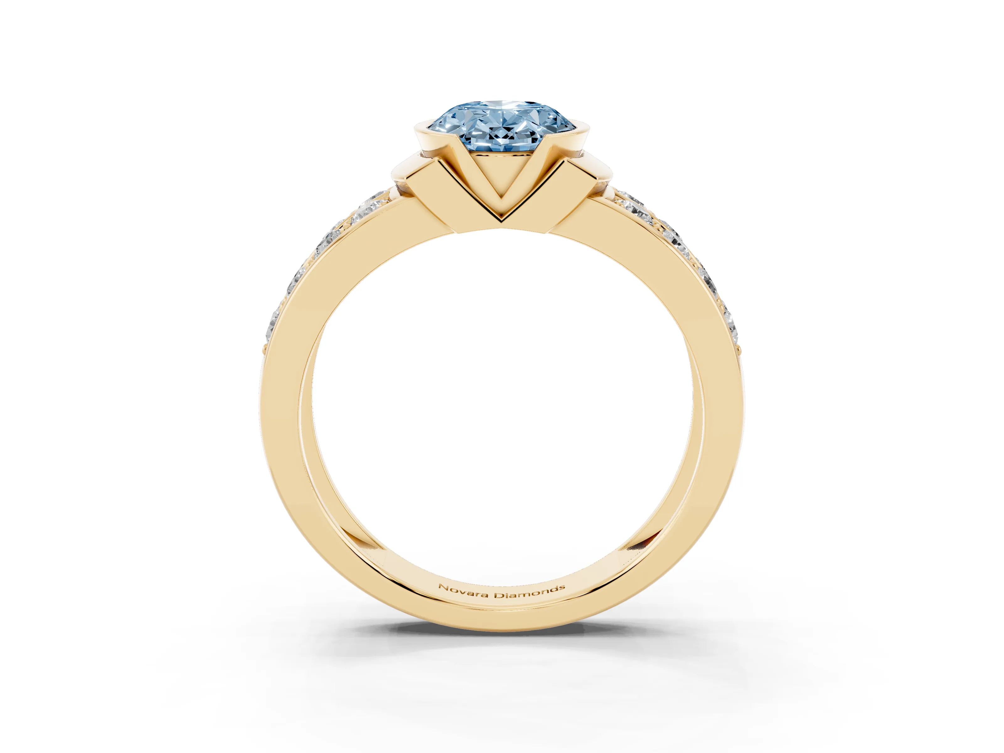 Fancy Blue Oval Cut Diamond Wide Channel Set Band Ring Set in Yellow gold with Bezel Setting