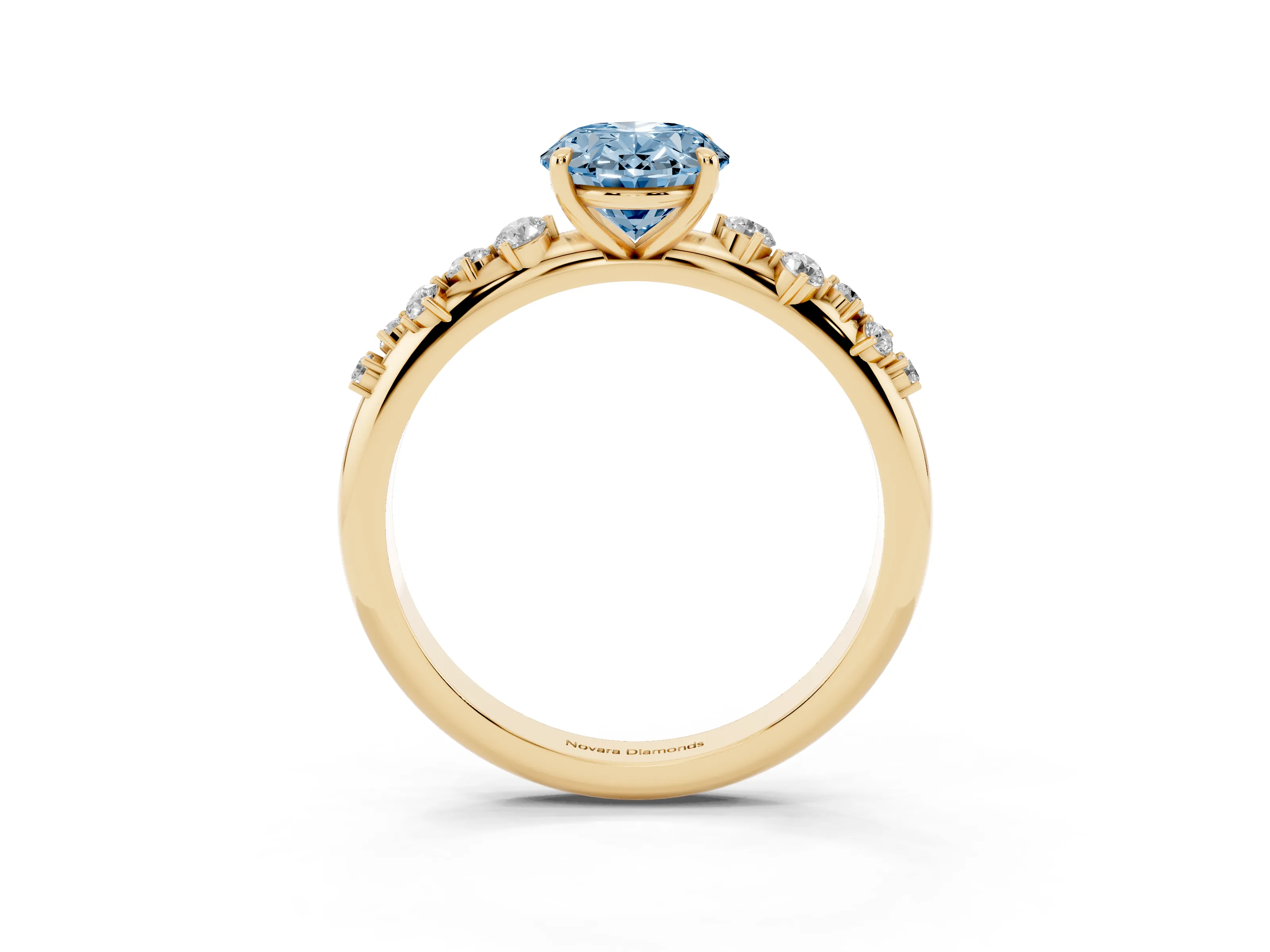 Fancy Blue Oval Cut Diamond Cluster Solitaire Ring Set in Yellow gold with Prong Setting