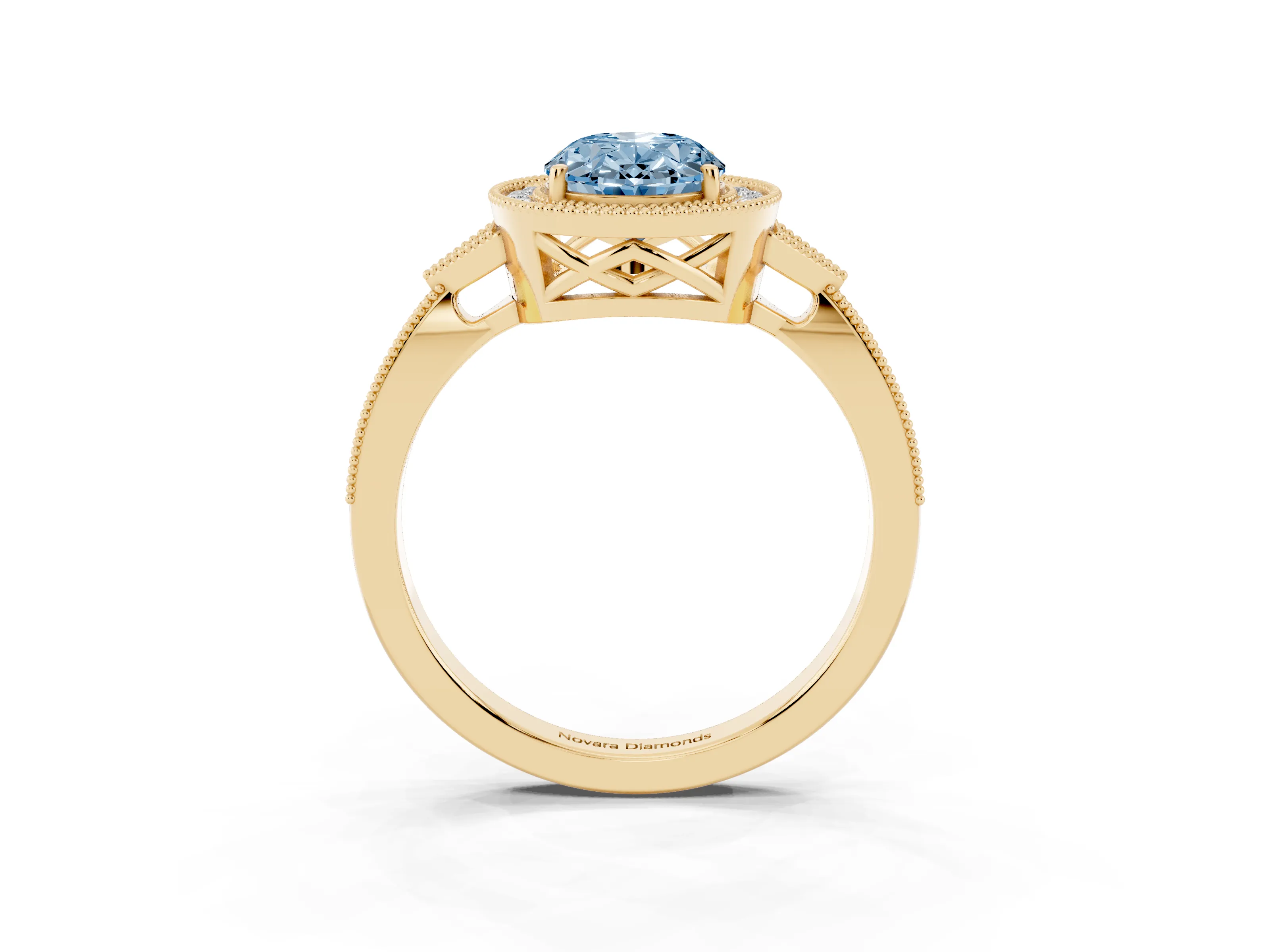 Fancy Blue Oval Cut Diamond Halo Engagement Ring Set in Yellow gold with Milgrain Pavé Band