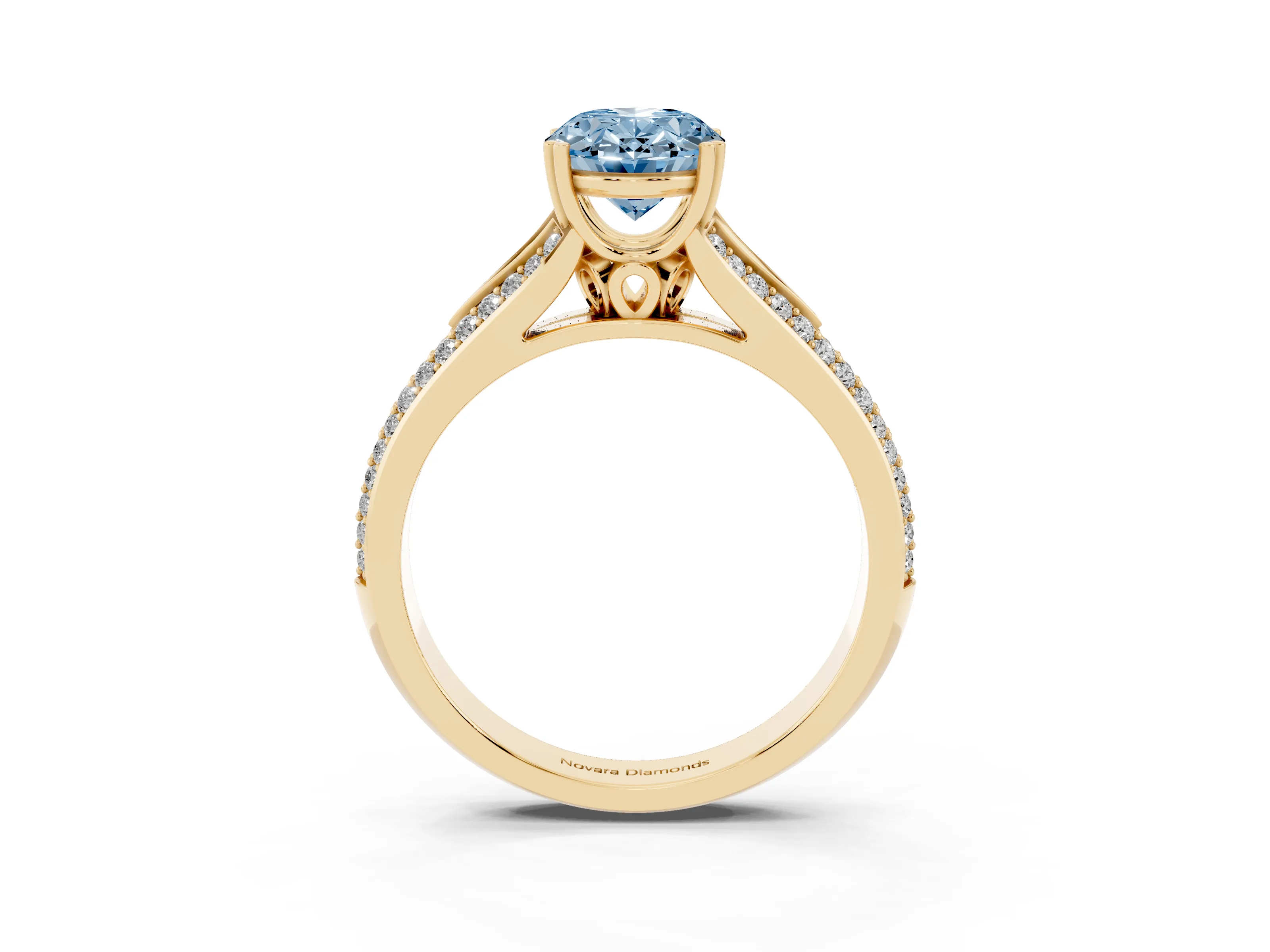 Fancy Blue Oval Cut Diamond Split Shank Pavé Engagement Ring Set in Yellow gold with Prong-Set Center Stone