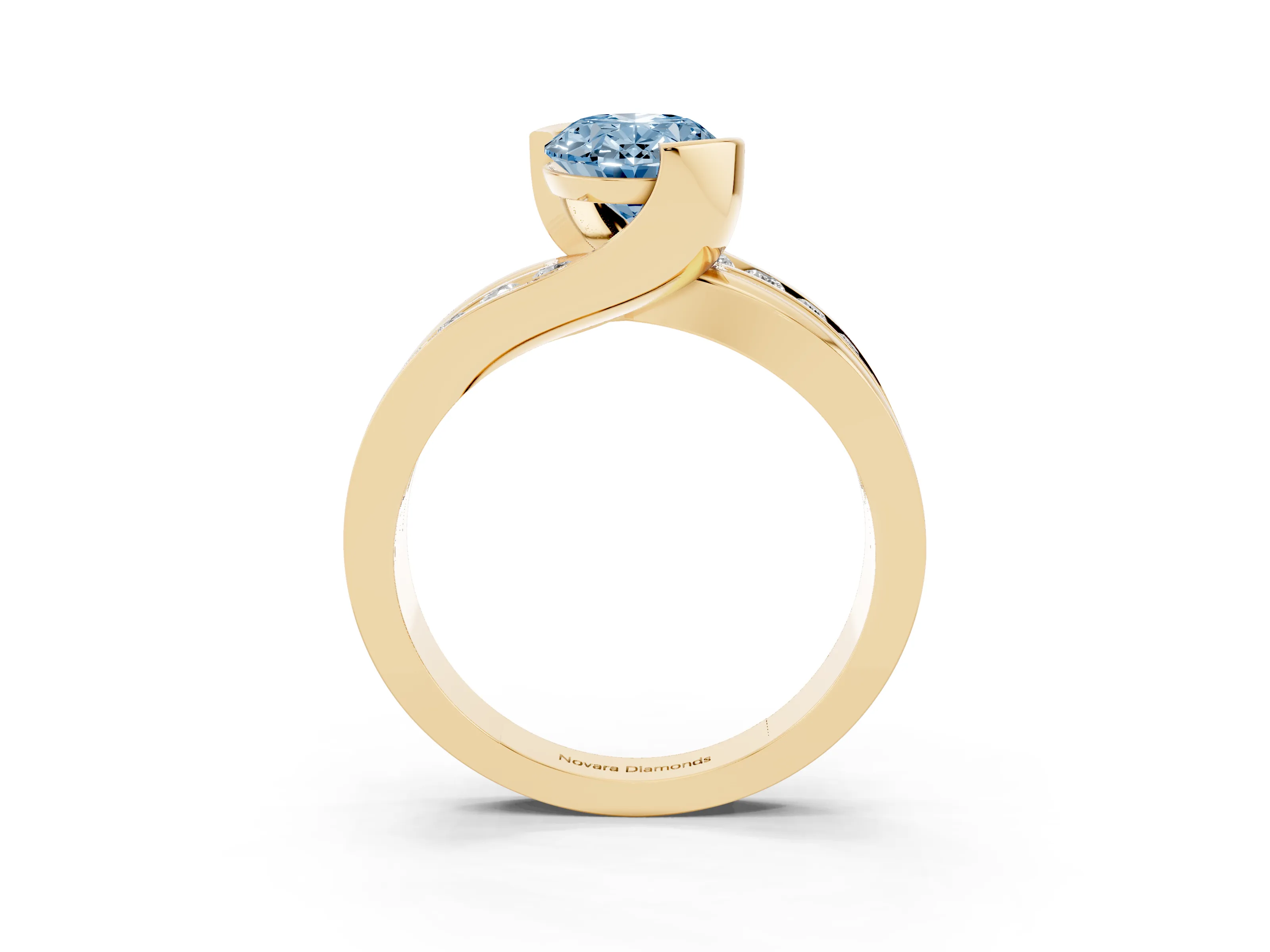 Fancy Blue Oval Cut Diamond Solitaire Ring Set in Yellow gold with Channel Set Split Shank and Tension Prongs