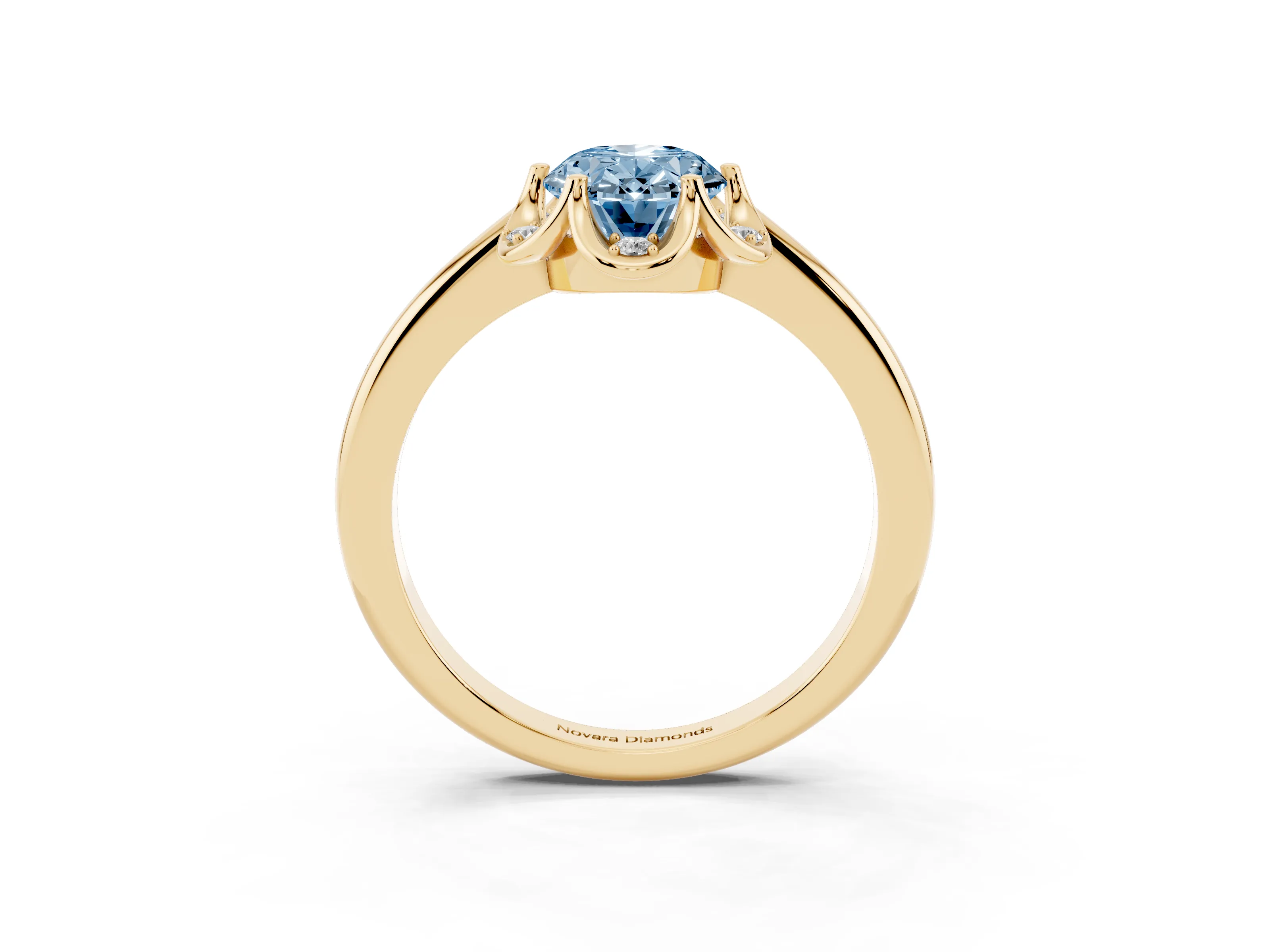 Fancy Blue Oval Cut Diamond Round Cluster Halo Ring Set in Yellow gold with Solitaire Band and Prong Setting