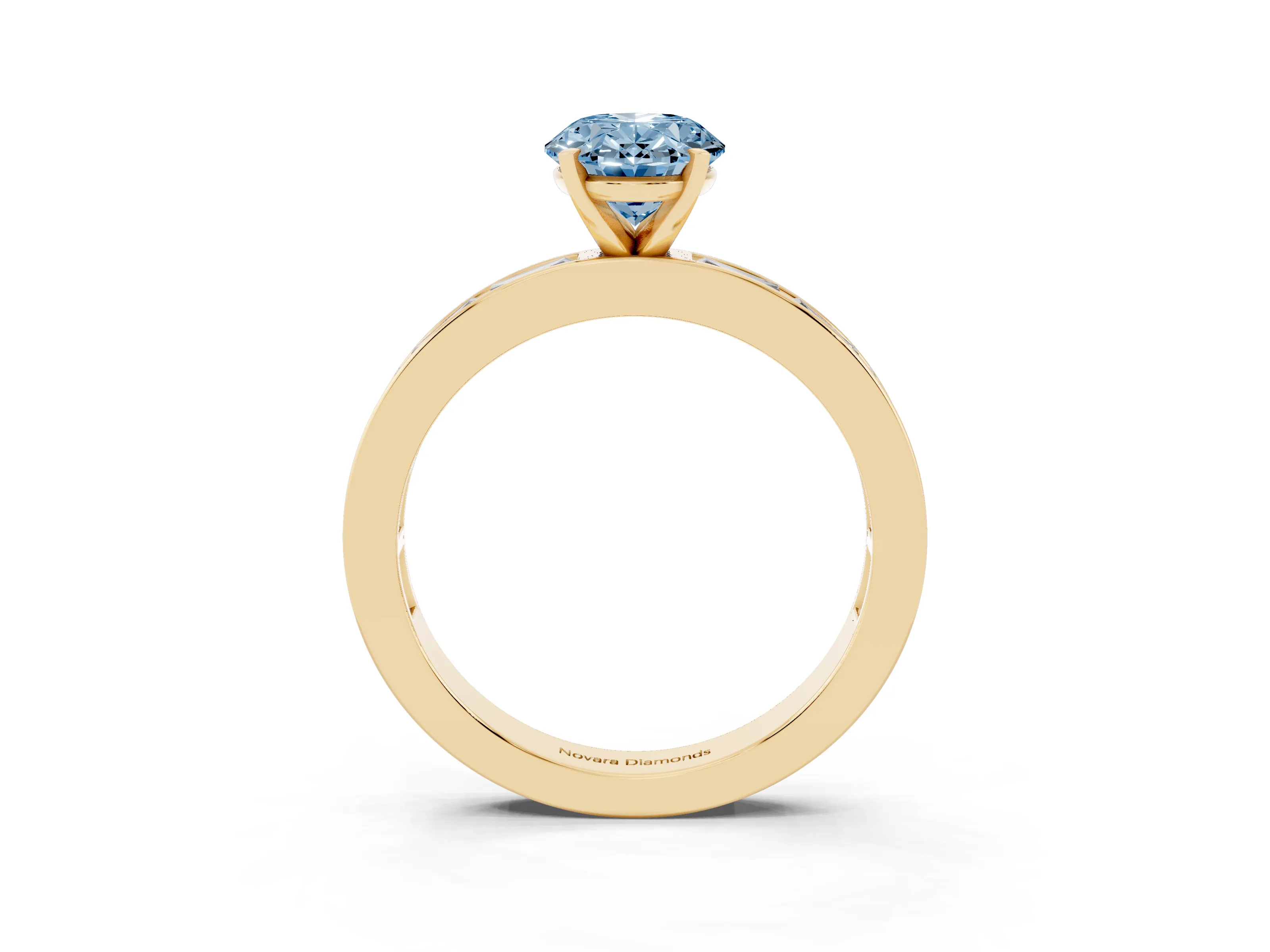 Fancy Blue Oval Cut Diamond Solitaire Ring Set in Yellow gold with Channel-Set Baguette Band and Prong Setting