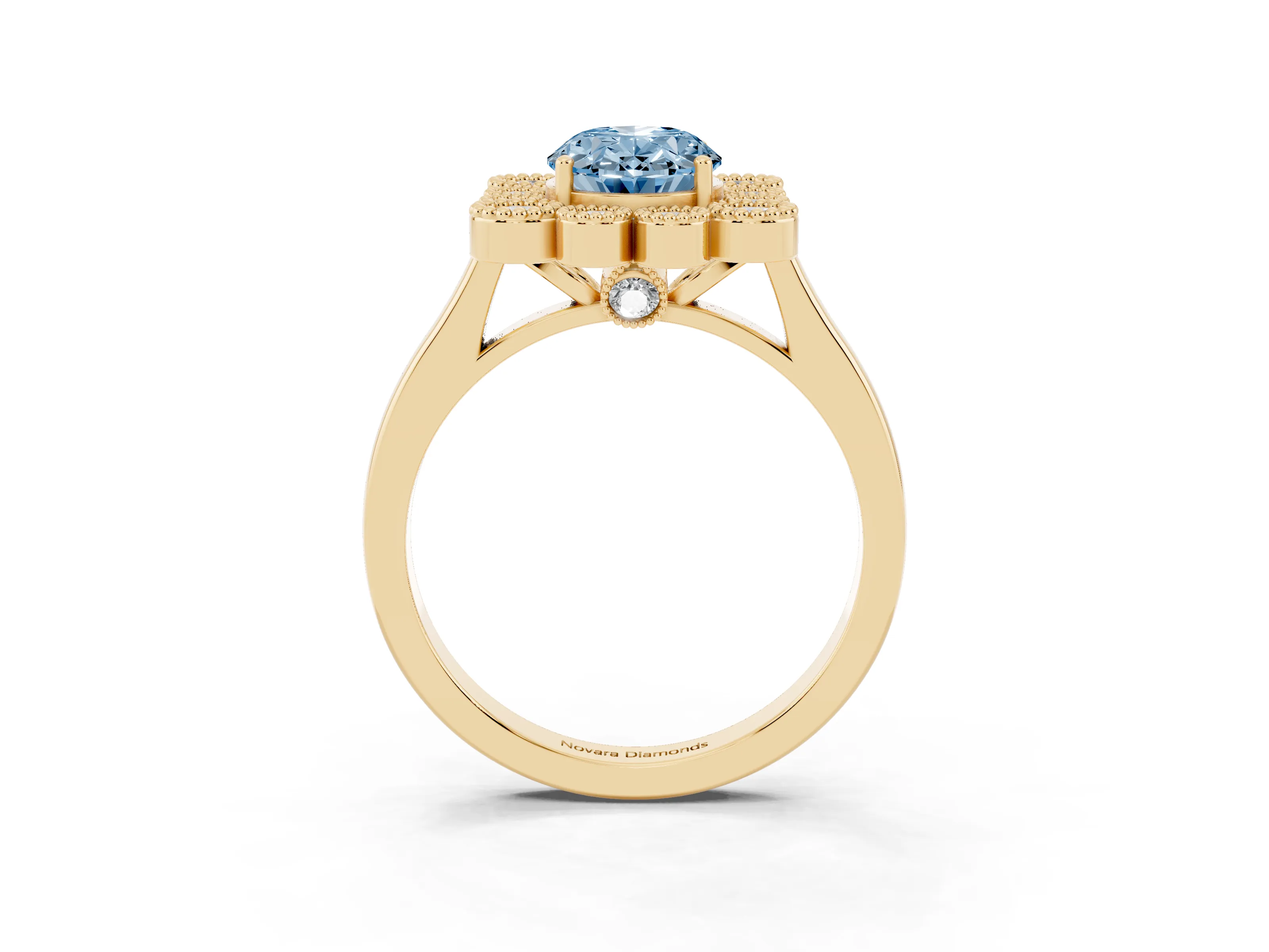 Fancy Blue Oval Cut Diamond Cluster Halo Ring Set in Yellow gold with Milgrain Bezel Accents and Plain Band