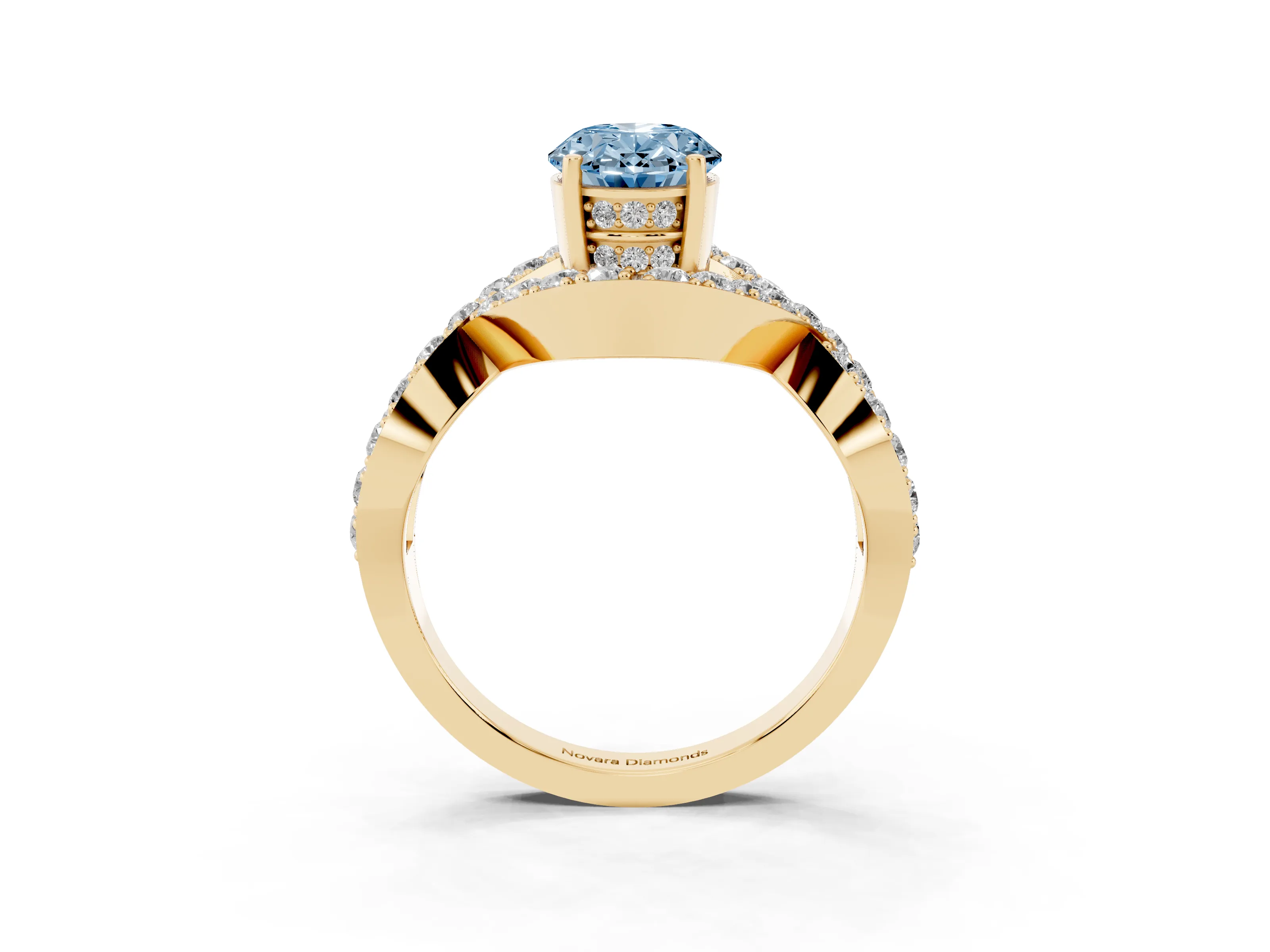 Fancy Blue Oval Cut Diamond Solitaire Twist Band Pavé Engagement Ring Set in Yellow gold