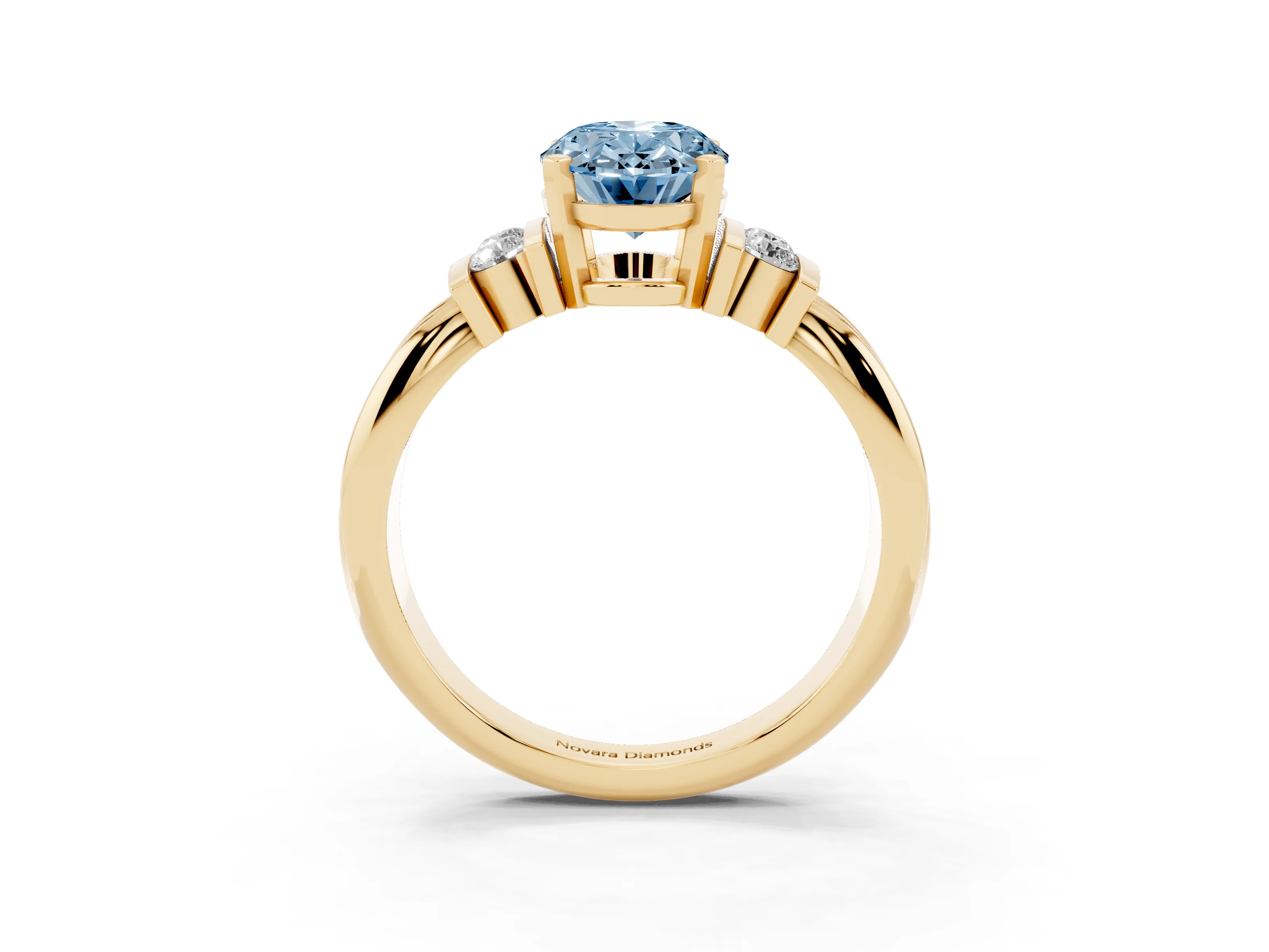 Fancy Blue Three-Stone Oval Cut Diamond Channel Set Ring Set in Yellow gold with Bar Prongs