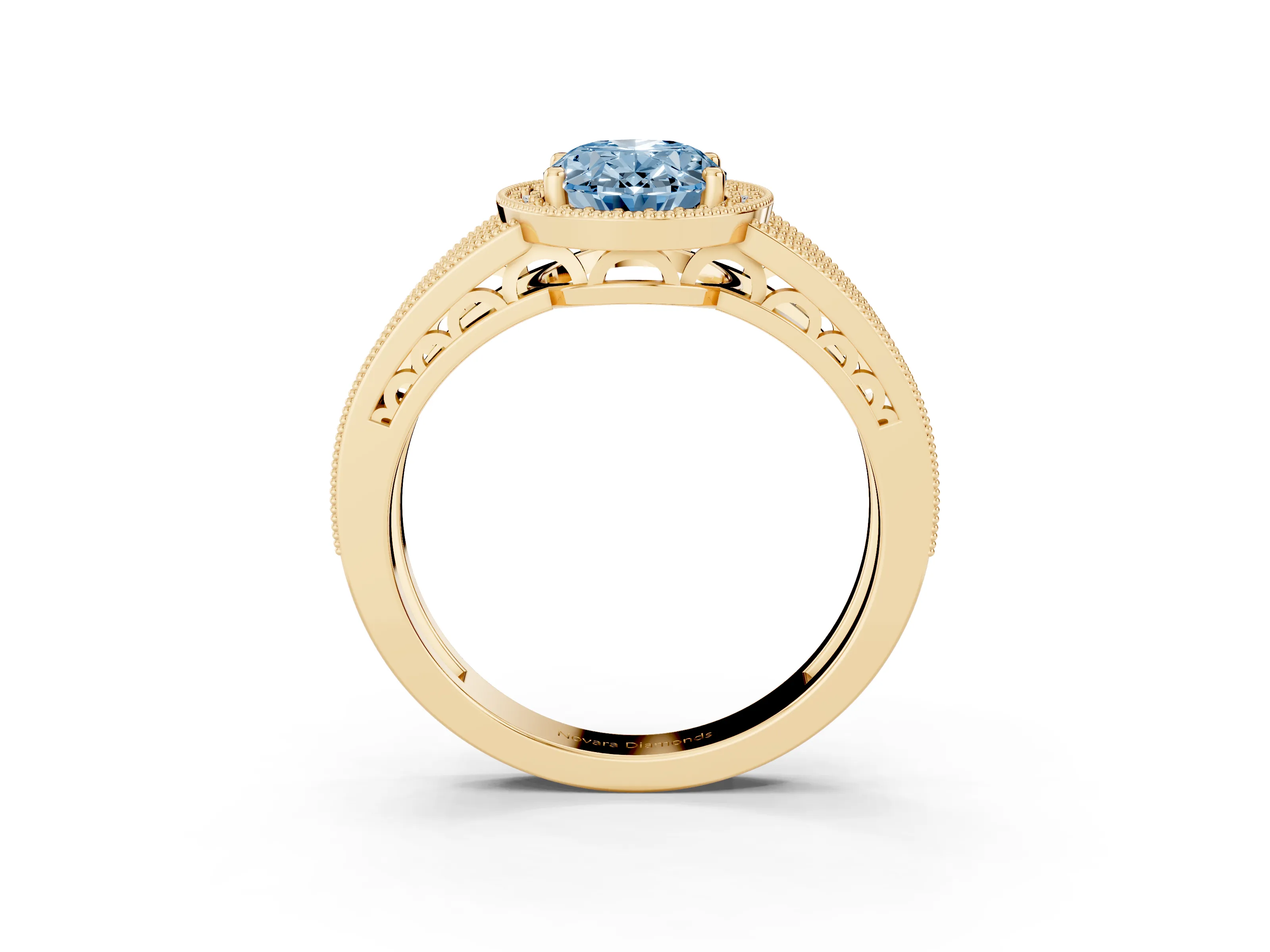 Fancy Blue Oval Cut Diamond Halo Ring Set in Yellow gold with Accent Split Shank and Prong Setting