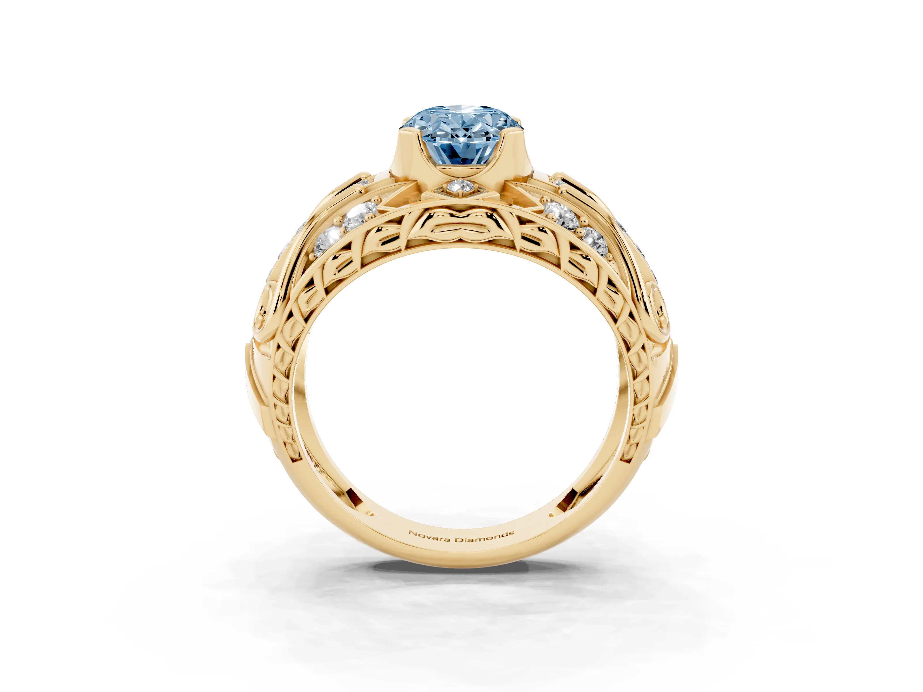Fancy Blue Oval Cut Diamond Art Deco Ring Set in Yellow gold with Pavé Split Shank