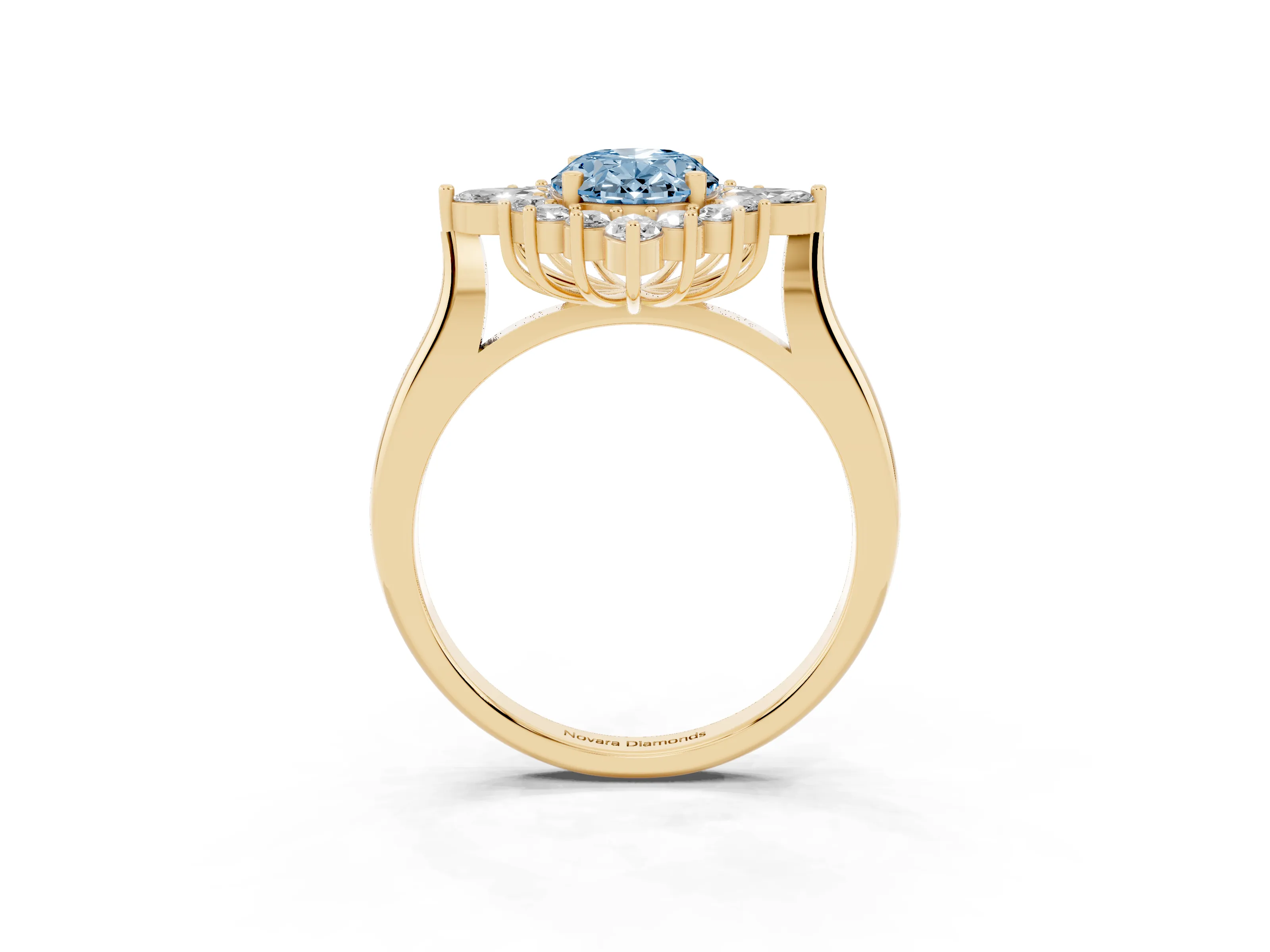 Fancy Blue Oval Cut Diamond Cluster Halo Ring Set in Yellow gold with Marquise and Round Accents