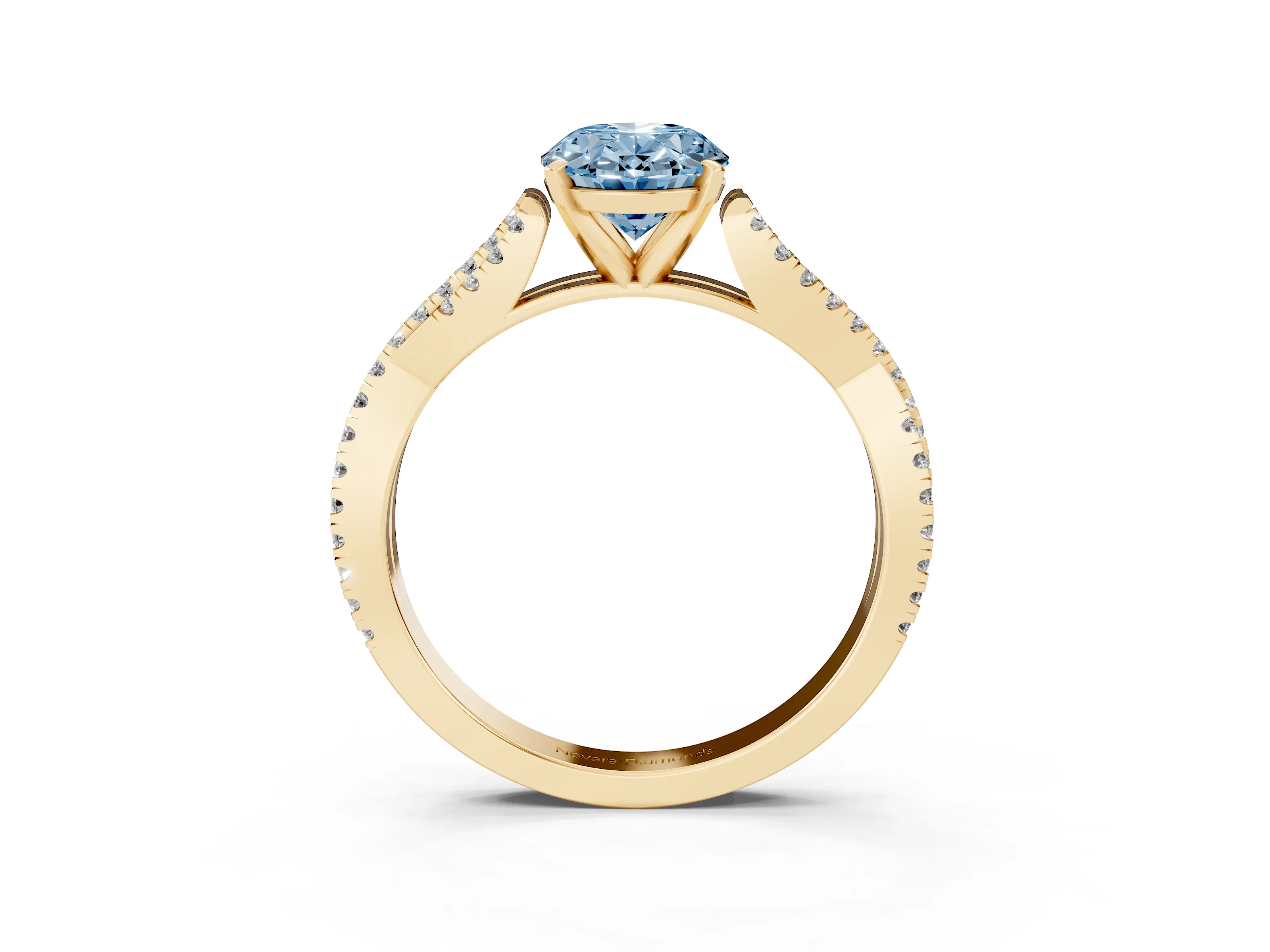 Fancy Blue Oval Cut Diamond Solitaire Engagement Ring Set in Yellow gold with Twisted Pavé Band and Prong Setting