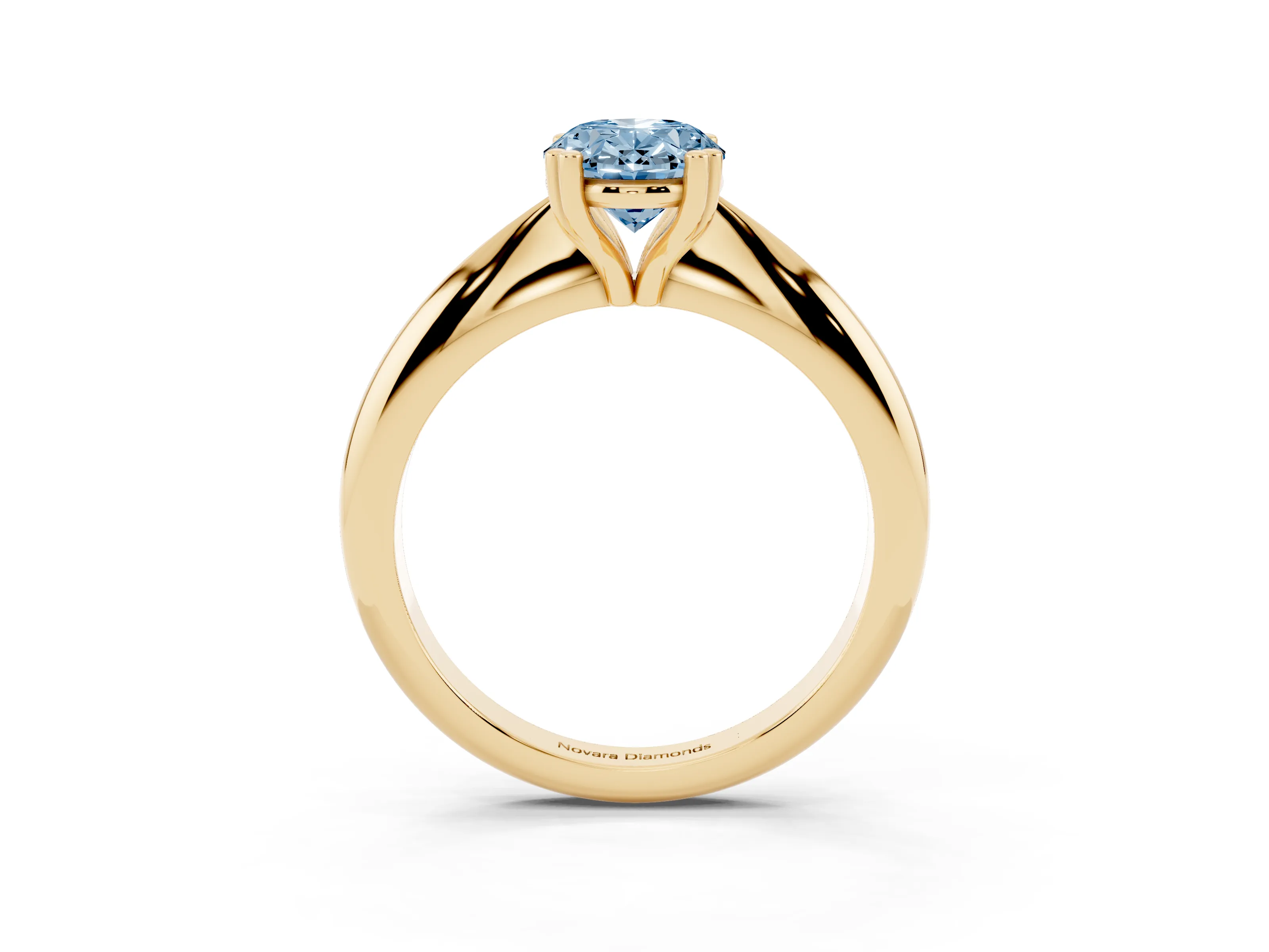 Fancy Blue Oval Cut Diamond Solitaire Engagement Ring Set in Yellow gold with Tapered Band and Prong Setting
