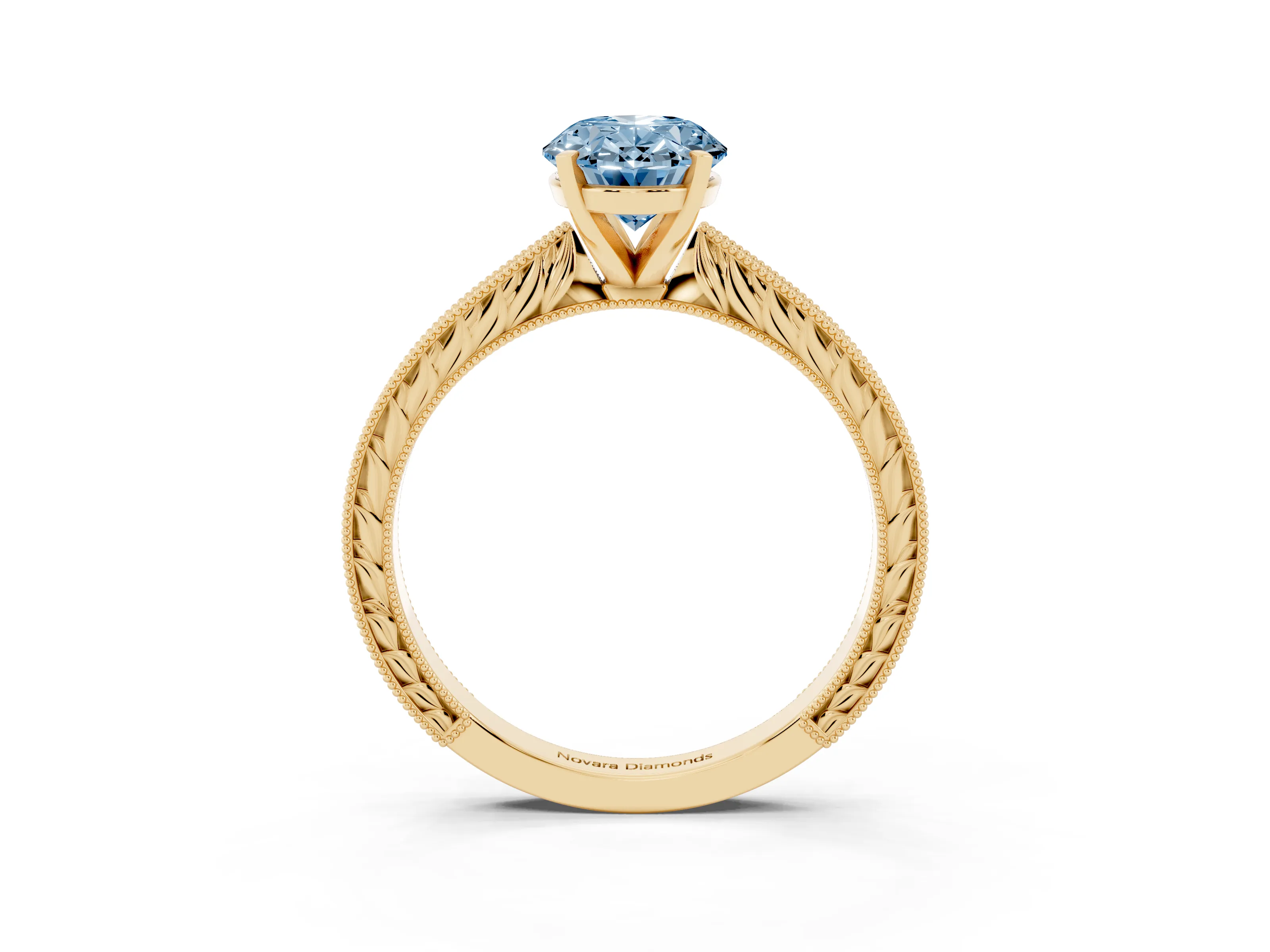 Fancy Blue Oval Cut Diamond Solitaire Milgrain Engraved Band Set in Yellow gold with Prong Setting