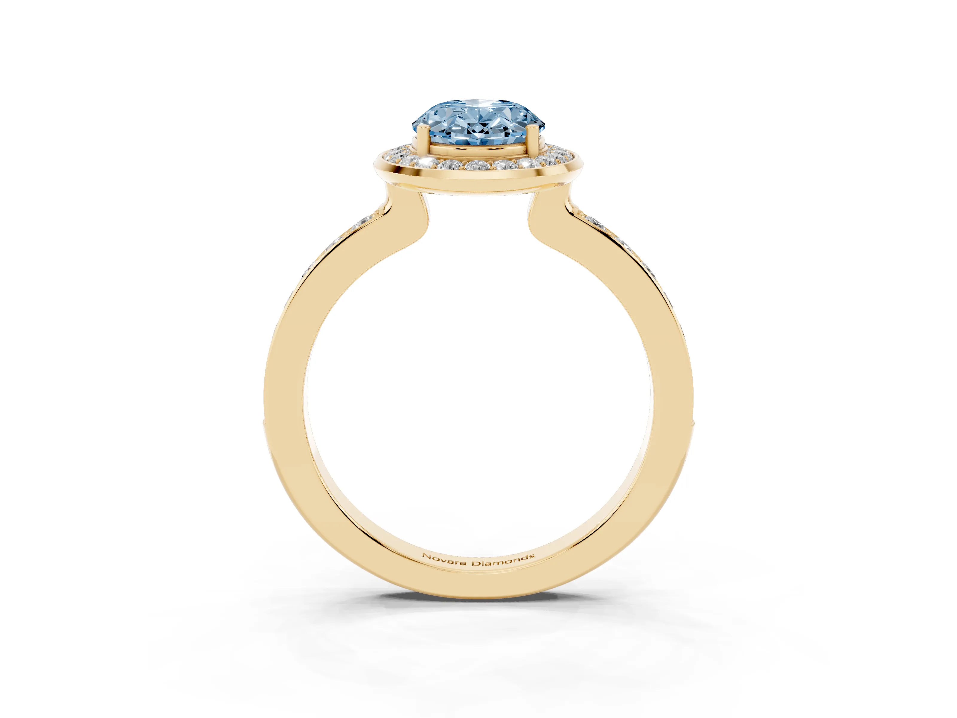 Fancy Blue Oval Cut Diamond Halo Ring Set in Yellow gold with Bezel Frame and Pavé Band